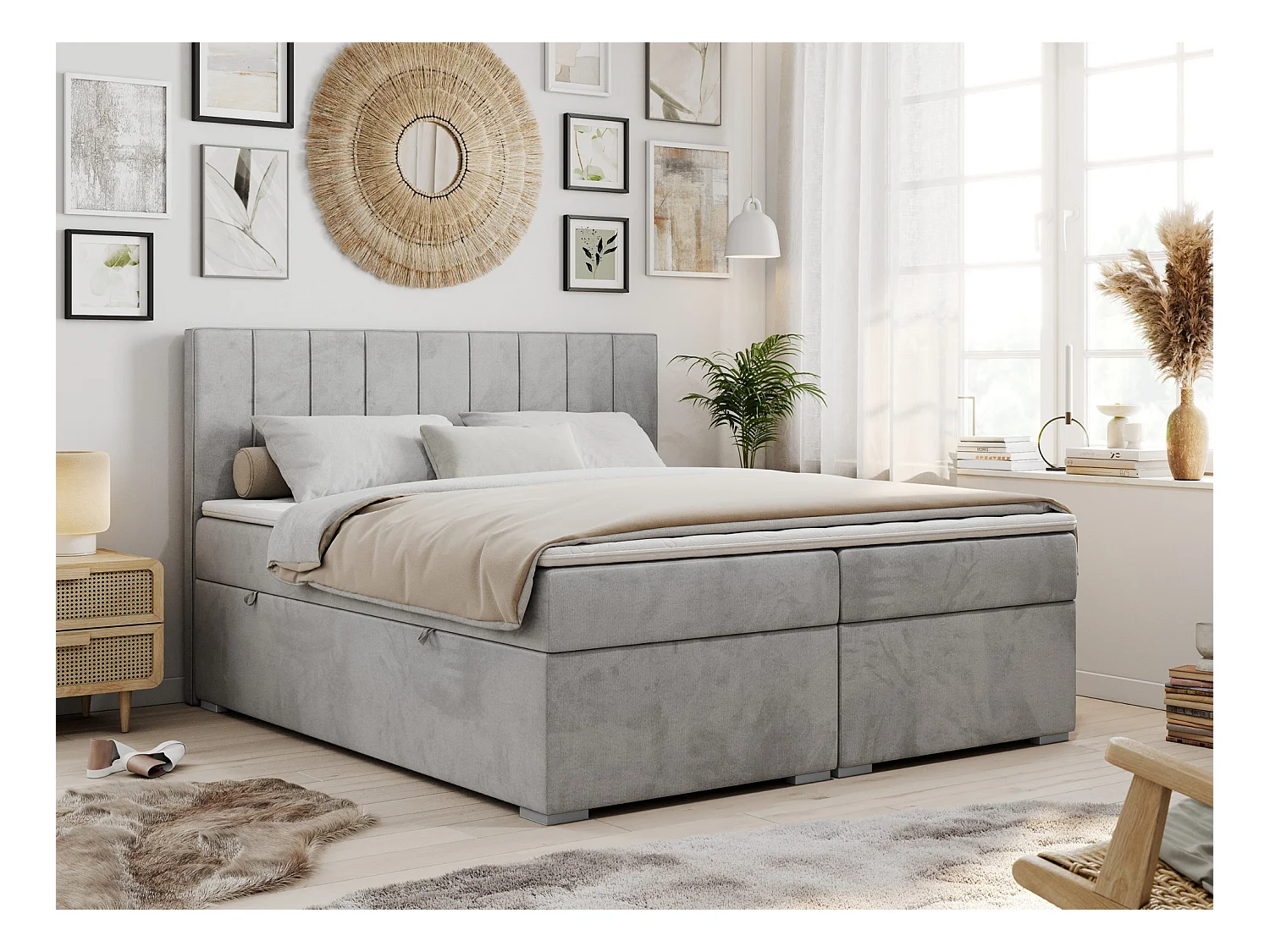 Boxspringbett ALLY - gestreiftes, genähtes Kopfteil, zwei Bettkästen, Multipocket-Matratzen, Praktisch Polsterbett - 180x200 cm - H3 - Hellgrau Velvet