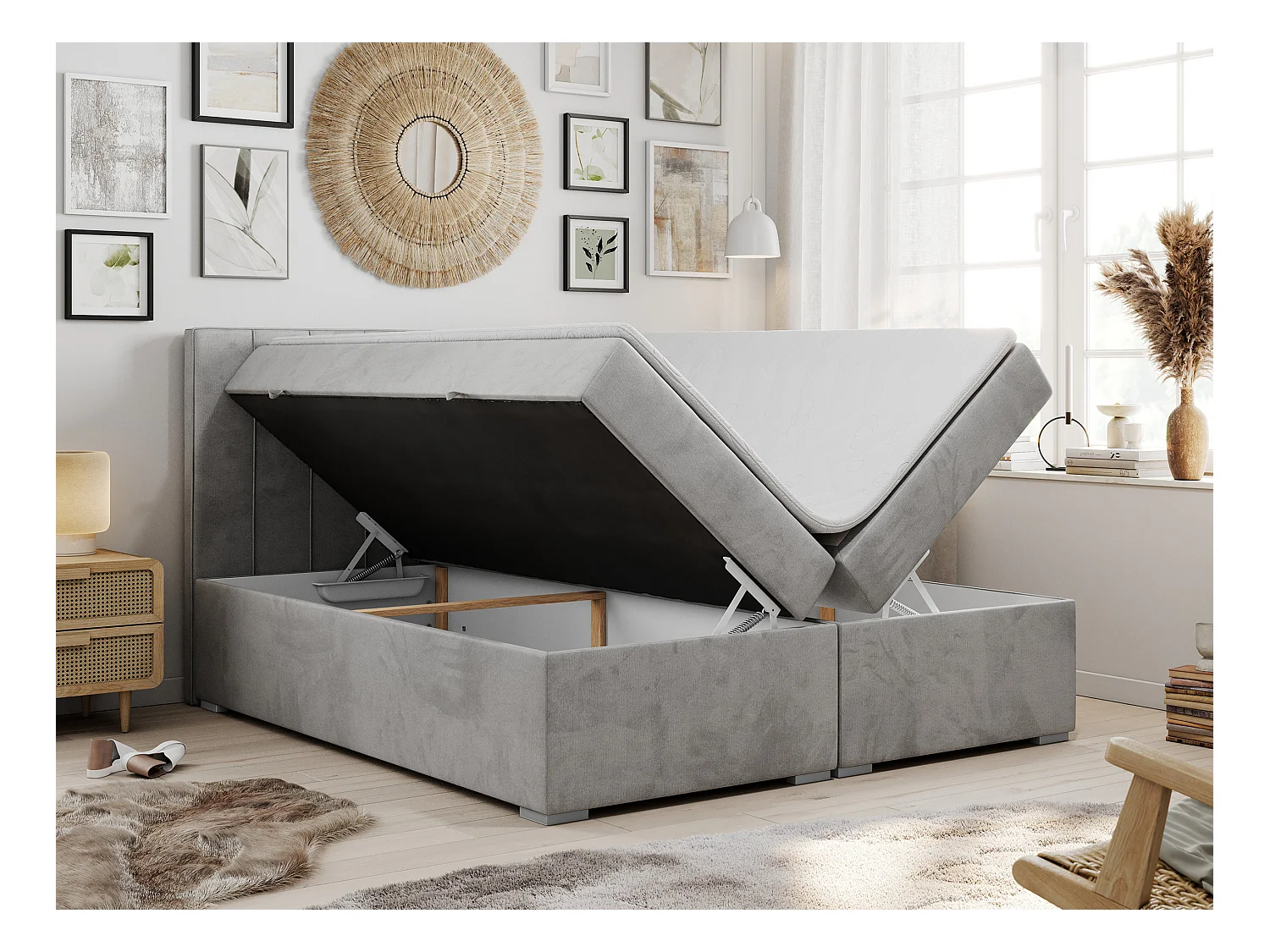 Boxspringbett ALLY - gestreiftes, genähtes Kopfteil, zwei Bettkästen, Multipocket-Matratzen, Praktisch Polsterbett - 180x200 cm - H3 - Hellgrau Velvet