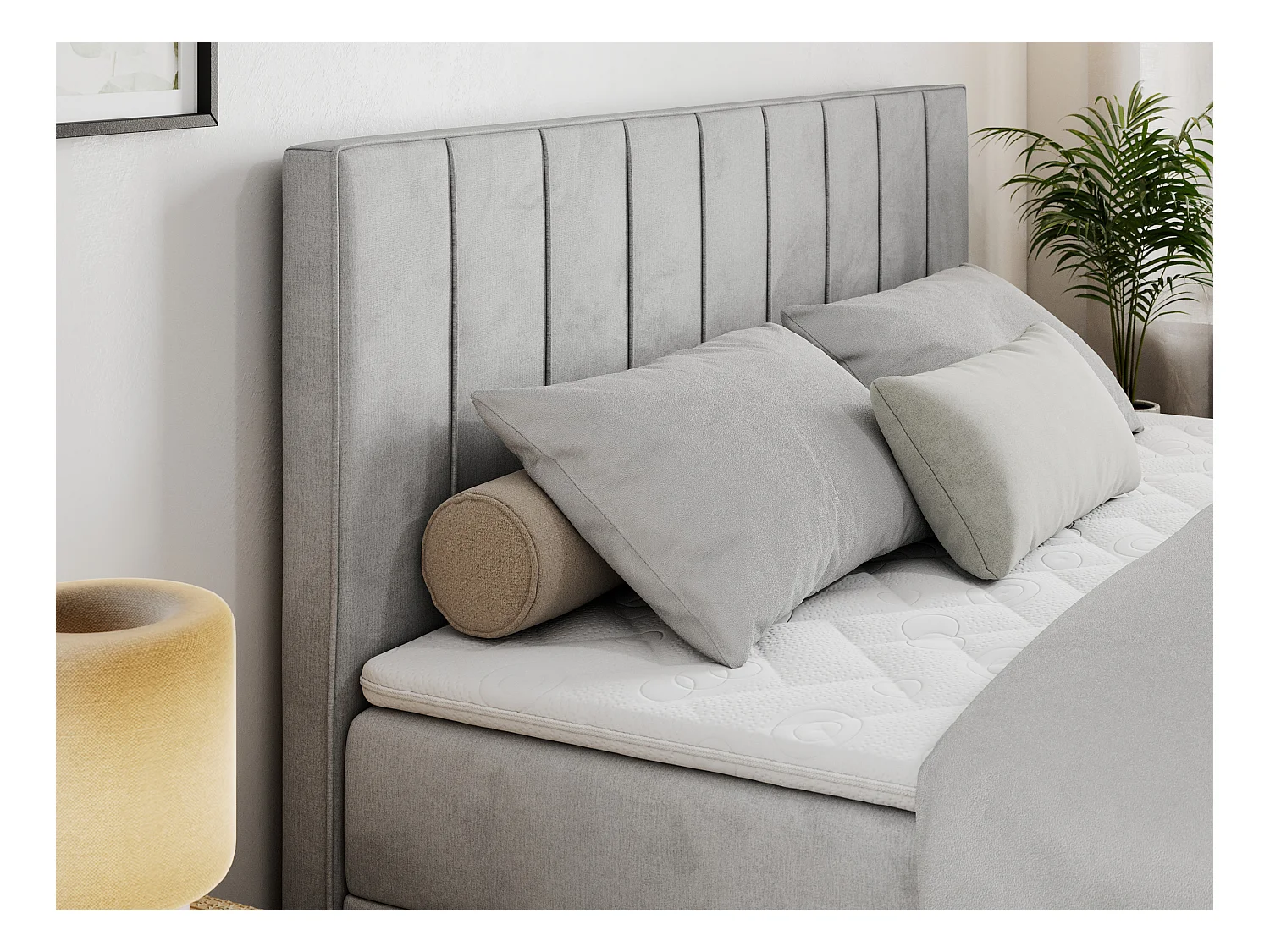 Boxspringbett ALLY - gestreiftes, genähtes Kopfteil, zwei Bettkästen, Multipocket-Matratzen, Praktisch Polsterbett - 180x200 cm - H3 - Hellgrau Velvet