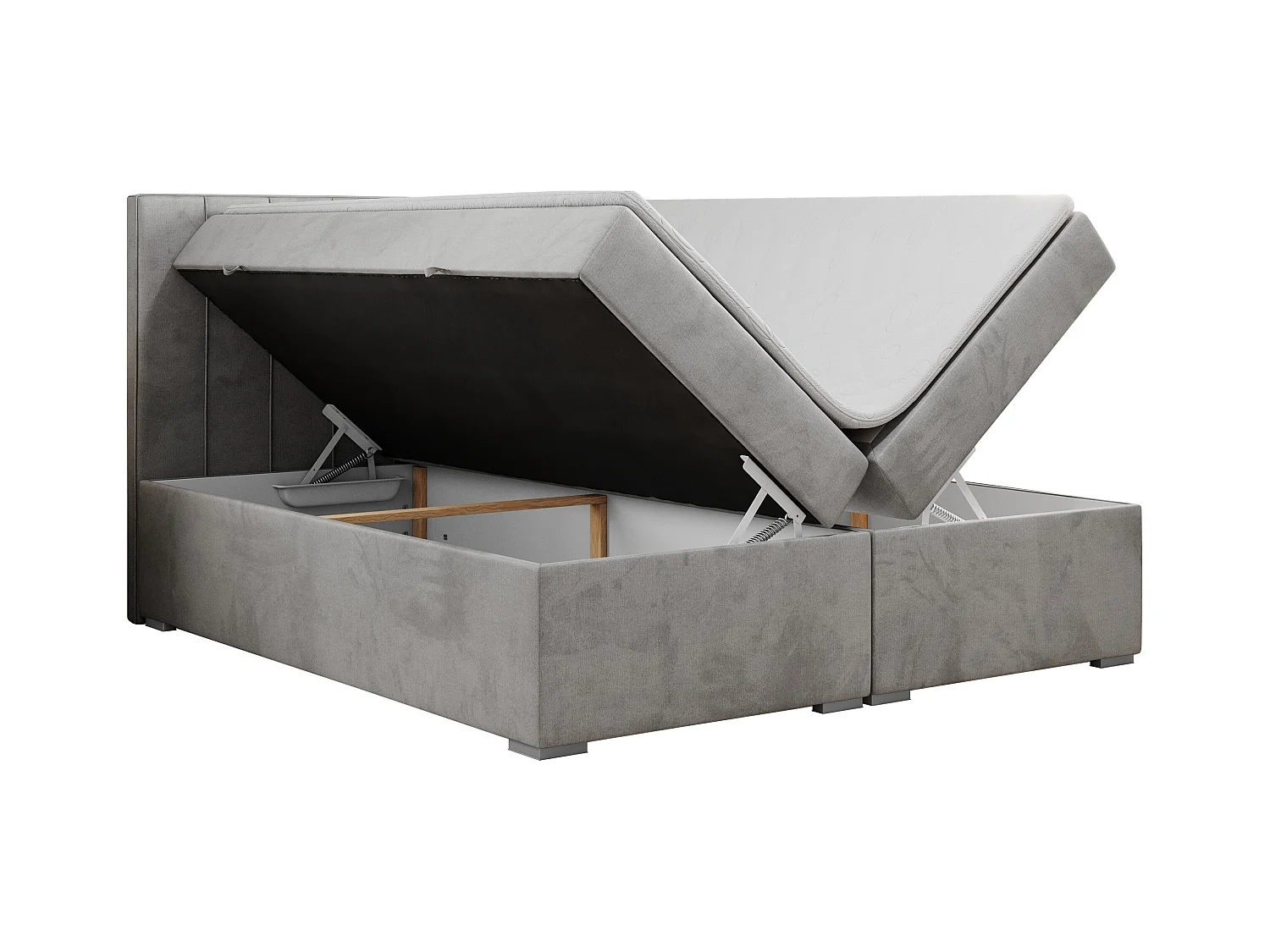 Boxspringbett ALLY - gestreiftes, genähtes Kopfteil, zwei Bettkästen, Multipocket-Matratzen, Praktisch Polsterbett - 180x200 cm - H3 - Hellgrau Velvet