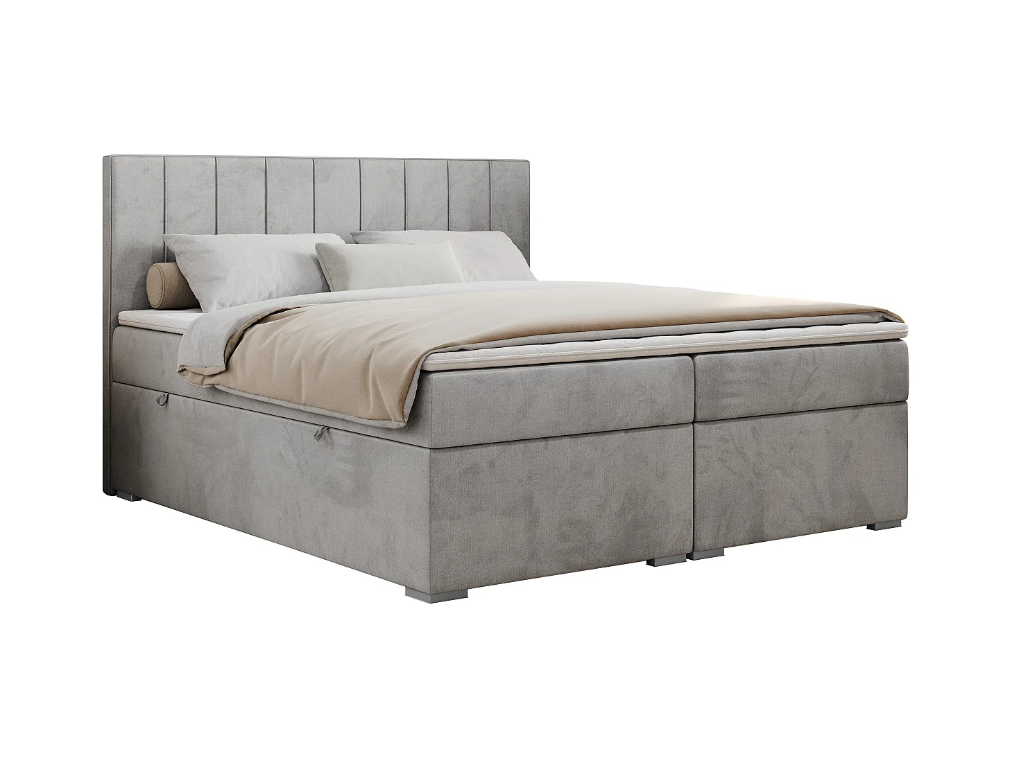Boxspringbett ALLY - gestreiftes, genähtes Kopfteil, zwei Bettkästen, Multipocket-Matratzen, Praktisch Polsterbett - 180x200 cm - H3 - Hellgrau Velvet