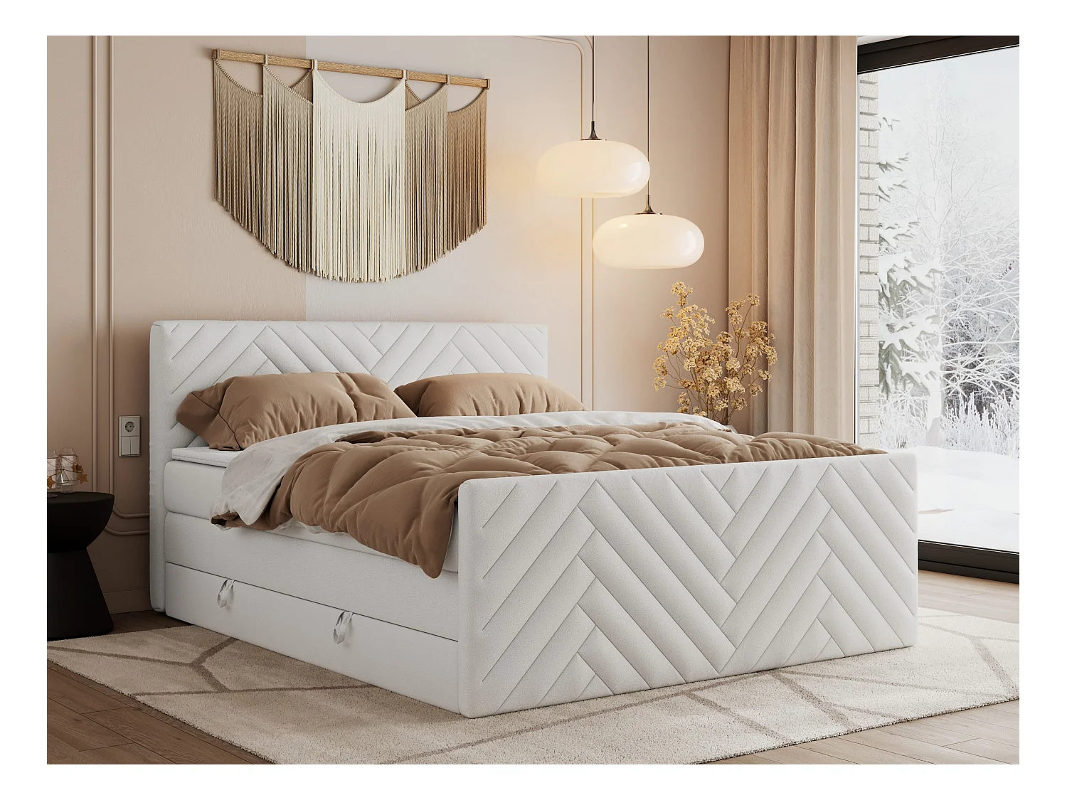 Boxspringbett PARIS KING DUO - dekorative Kopfstütze und Front, zwei Multipocket-Matratze mit Topper - 200x200 cm - H3 - Weiß Kunstleder