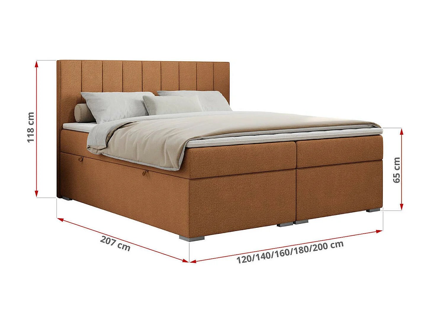 Boxspringbett ALLY - gestreiftes, genähtes Kopfteil, zwei Bettkästen, Multipocket-Matratzen, Praktisch Polsterbett - 140x200 cm - H4 - Orange Strukture