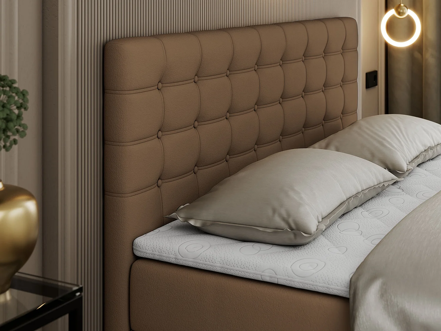 Boxspringbett SUSAN - mit gestepptem Kopfteil, zwei Bettkästen und Topper, gepolstertes Schlafzimmerbett - 120x200 cm - H3 - Braun Kunstleder