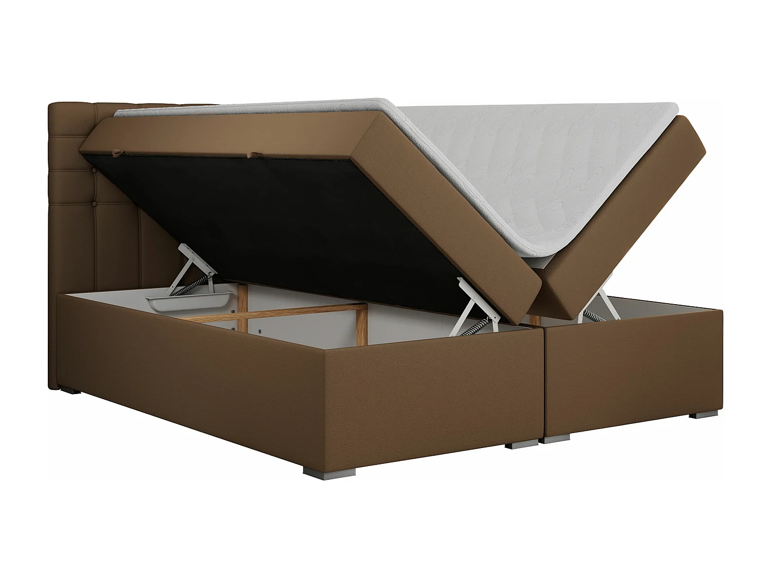 Boxspringbett SUSAN - mit gestepptem Kopfteil, zwei Bettkästen und Topper, gepolstertes Schlafzimmerbett - 120x200 cm - H3 - Braun Kunstleder