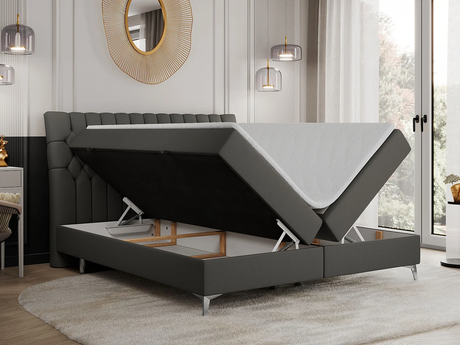 Boxspringbett MILEN - gepolstertes Schlafzimmerbett, zwei Multipocket-Matratze, dekorative hohe Beine - 180x200 cm - H3 - Dunkelgrau Kunstleder