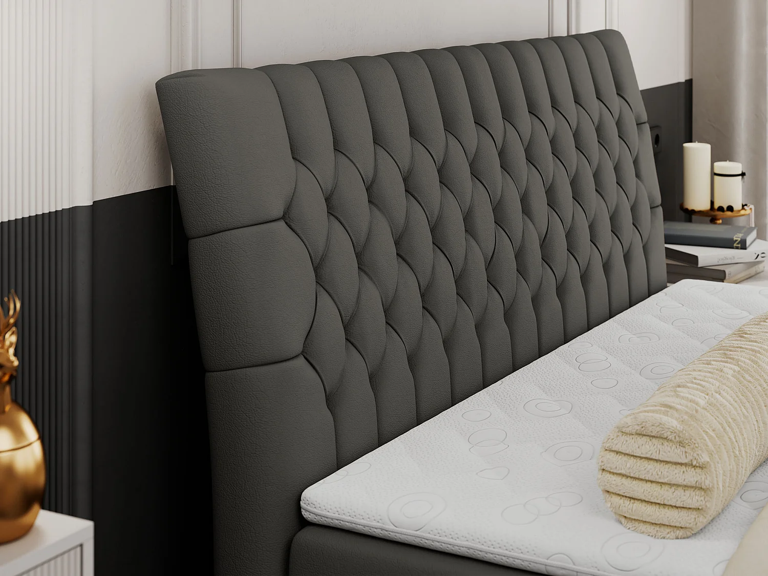 Boxspringbett MILEN - gepolstertes Schlafzimmerbett, zwei Multipocket-Matratze, dekorative hohe Beine - 180x200 cm - H3 - Dunkelgrau Kunstleder