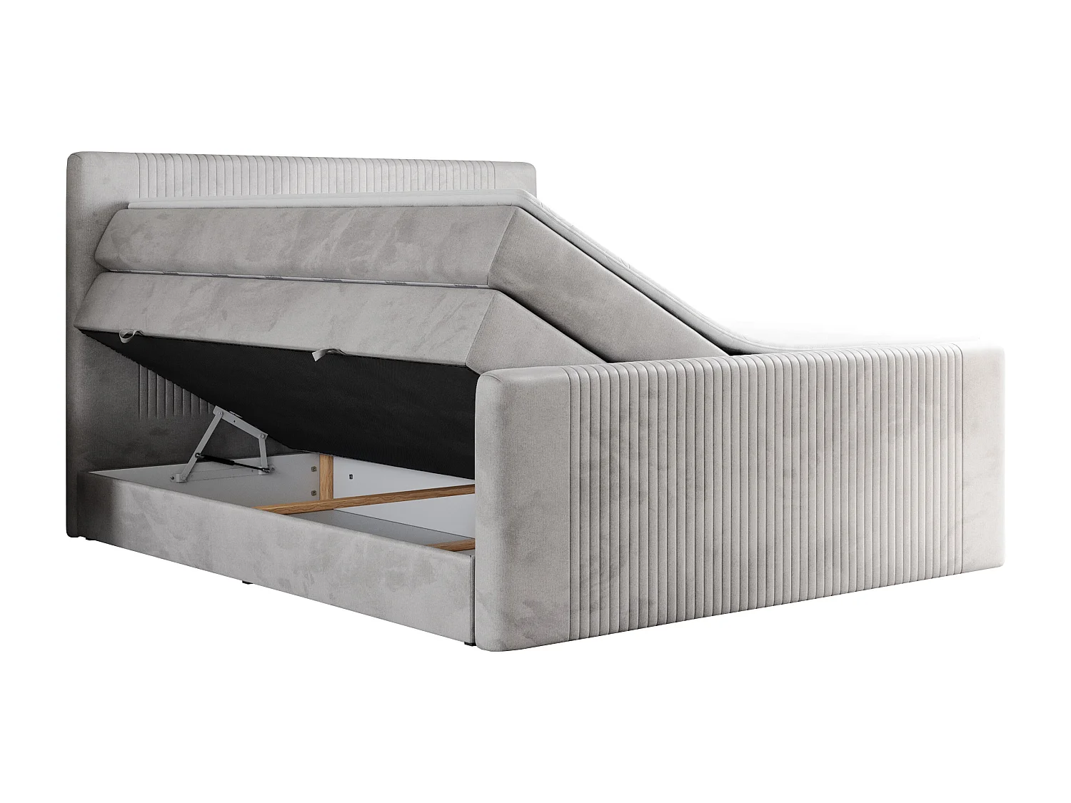 Boxspringbett DOREN KING - mit gesteppter Front und Kopfteil, zwei Multipocket-Matratzen und Topper, Doppelbett - 120x200 cm - H4 - Hellgrau Velvet