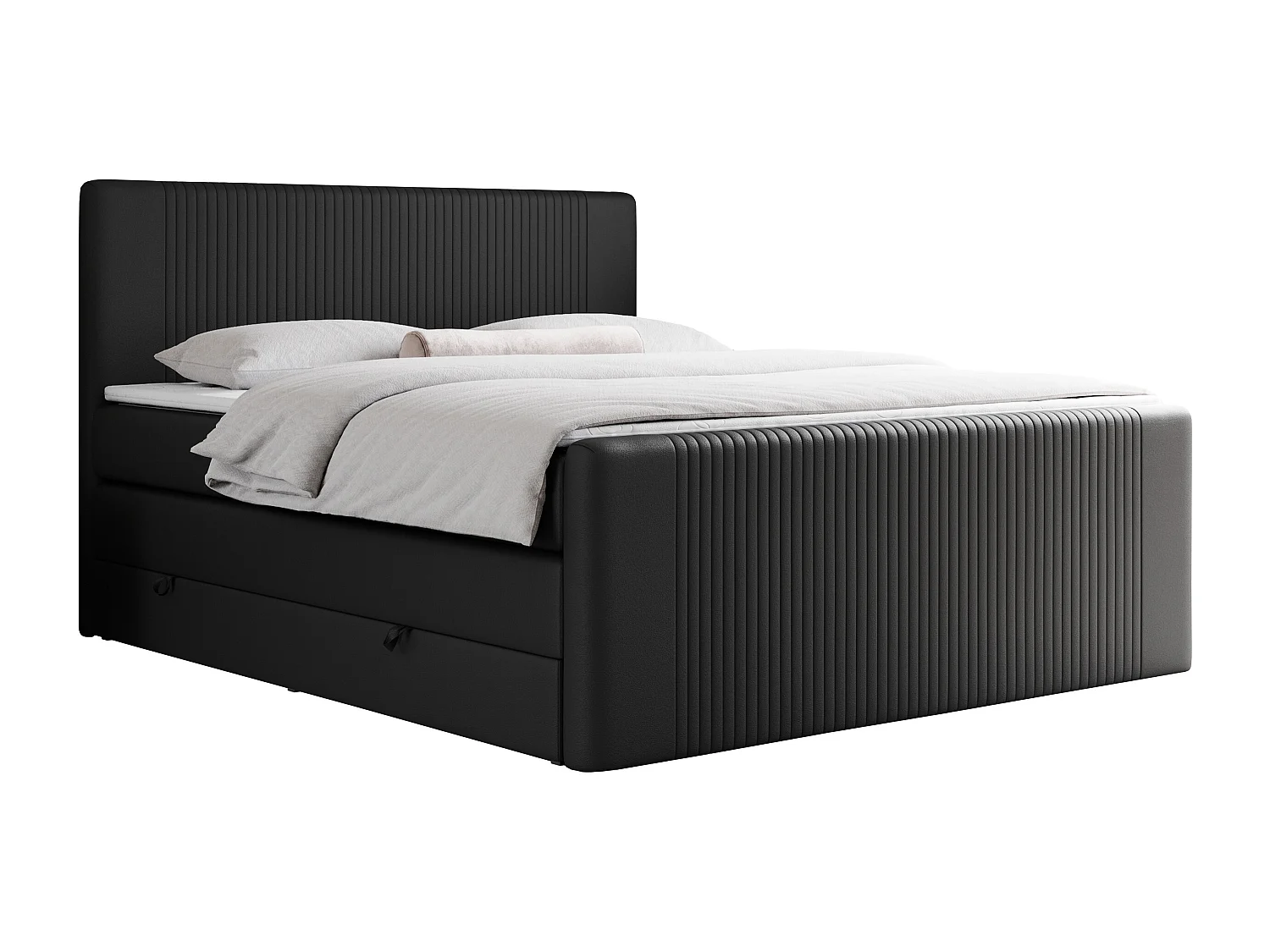 Boxspringbett DOREN KING - mit gesteppter Front und Kopfteil, zwei Multipocket-Matratzen und Topper, Doppelbett - 120x200 cm - H4 - Schwarz Kunstleder