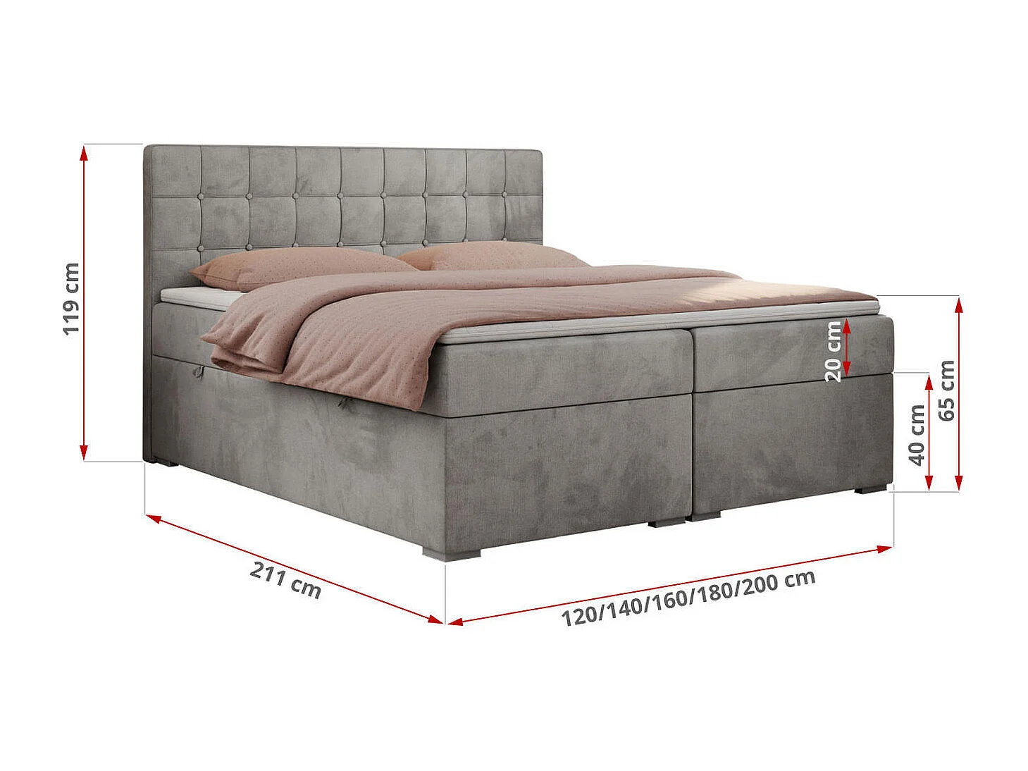 Boxspringbett CARMEN - Polsterbett mit zwei Bettkästen, gesteppte Kopfstütze, Multipocket-Matratze - 140x200 cm - H4 - Hellgrau Velvet