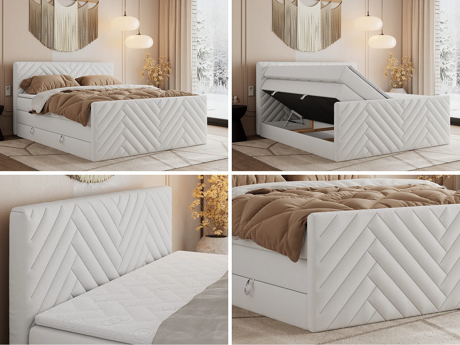 Boxspringbett PARIS KING DUO - dekorative Kopfstütze und Front, zwei Multipocket-Matratze mit Topper - 120x200 cm - H4 - Weiß Kunstleder