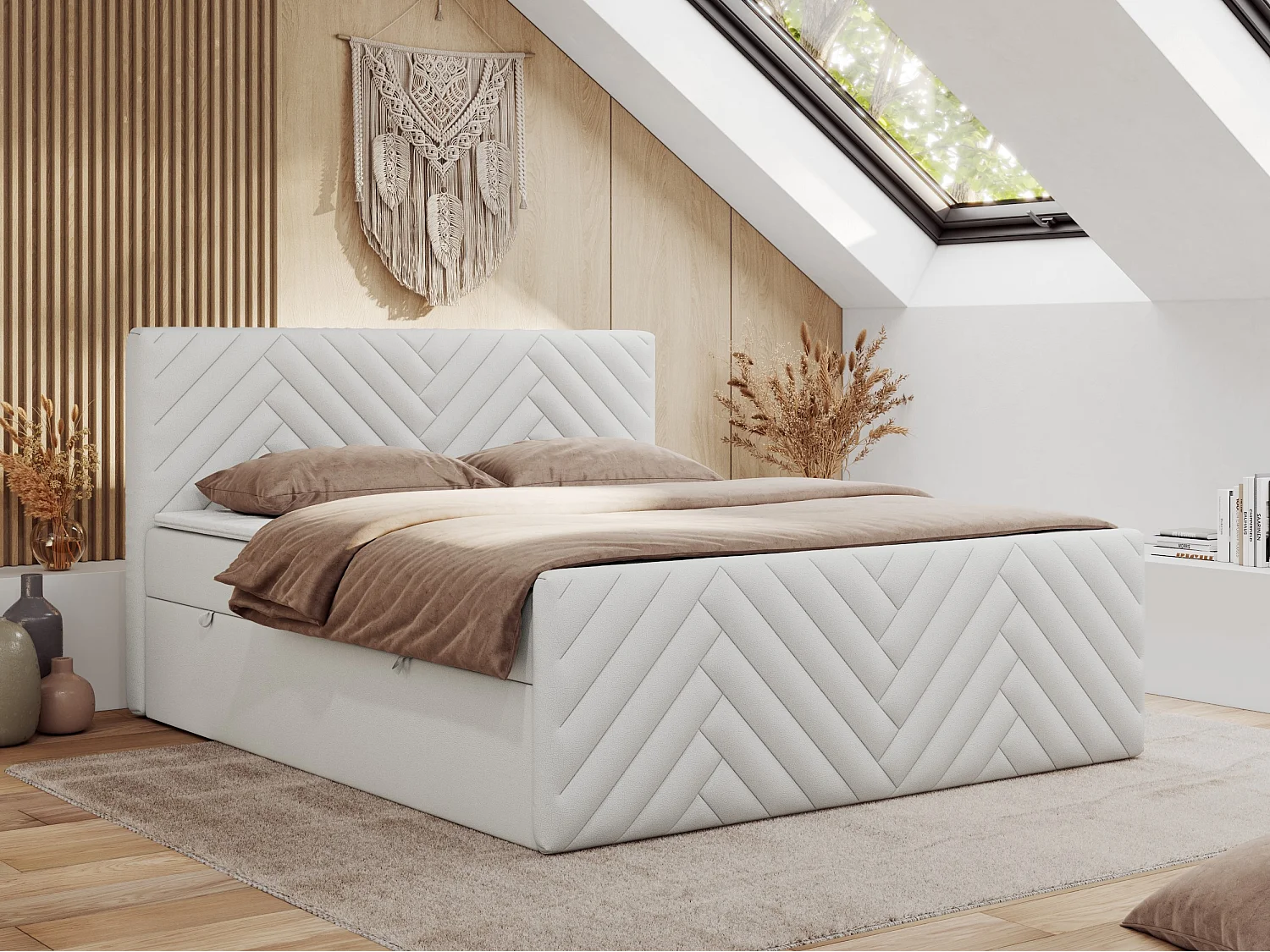 Boxspringbett PARIS DUO - Polsterbett mit genähtem Kopfteil und Frontplatte, Doppelbett, zwei Bettkästen - 160x200 cm - H4 - Weiß Kunstleder