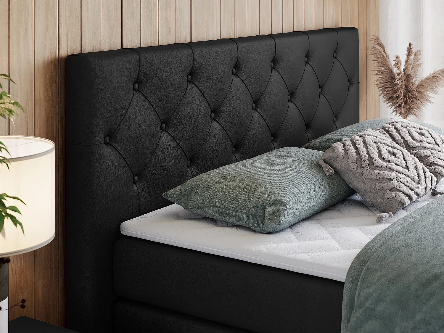 Boxspringbett VELEN KING - Doppelbett mit gestepptem Kopfteil, zwei Multipocket-Matratzen, Polsterbett mit Kopfstütze - 180x200 cm - H3 - Schwarz Kunstleder