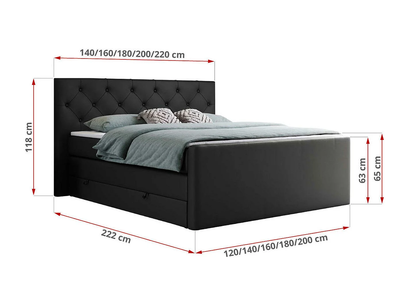Boxspringbett VELEN KING - Doppelbett mit gestepptem Kopfteil, zwei Multipocket-Matratzen, Polsterbett mit Kopfstütze - 180x200 cm - H3 - Schwarz Kunstleder