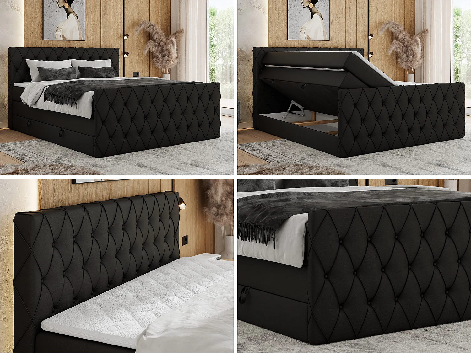 Boxspringbett MIREN KING DUO - für Schlafzimmer mit zwei Multipocket-Matratzen und Topper, gestepptes Kopfteil und Front  - 200x200 cm - H4 - Schwarz Kunstleder