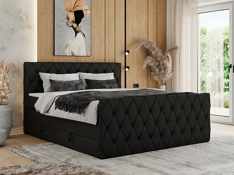 Boxspringbett MIREN KING DUO - für Schlafzimmer mit zwei Multipocket-Matratzen und Topper, gestepptes Kopfteil und Front  - 200x200 cm - H4 - Schwarz Kunstleder