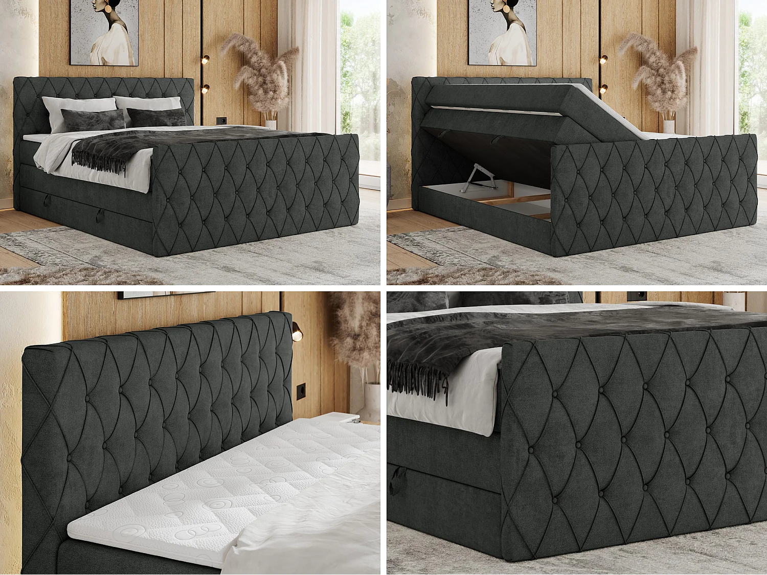 Boxspringbett MIREN KING DUO - für Schlafzimmer mit zwei Multipocket-Matratzen und Topper, gestepptes Kopfteil und Front  - 120x200 cm - H4 - Dunkelgrau Strukture
