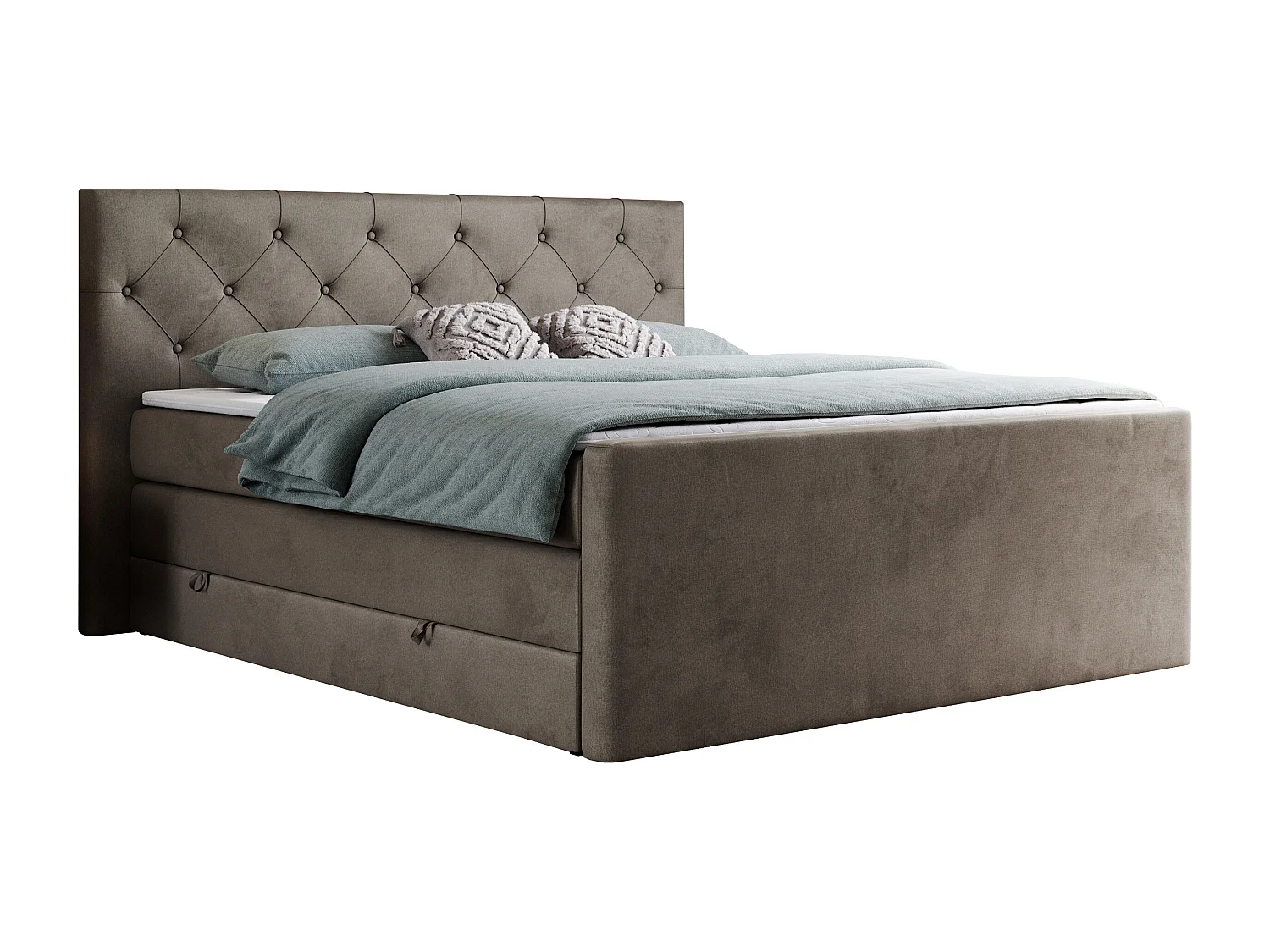 Boxspringbett VELEN KING - Doppelbett mit gestepptem Kopfteil, zwei Multipocket-Matratzen, Polsterbett mit Kopfstütze - 160x200 cm - H3 - Braun Velvet