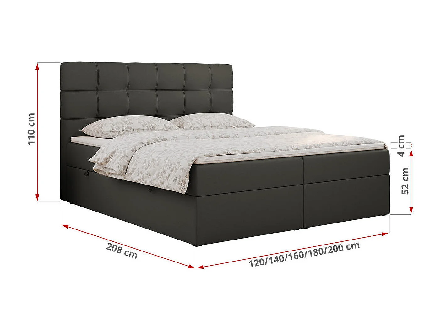 Boxspringbett ERNI - mit gestepptem Kopfteil, Polsterbett, Multipocket-Matratze und Topper, Bettkästen - 140x200 cm - H3 - Dunkelgrau Kunstleder