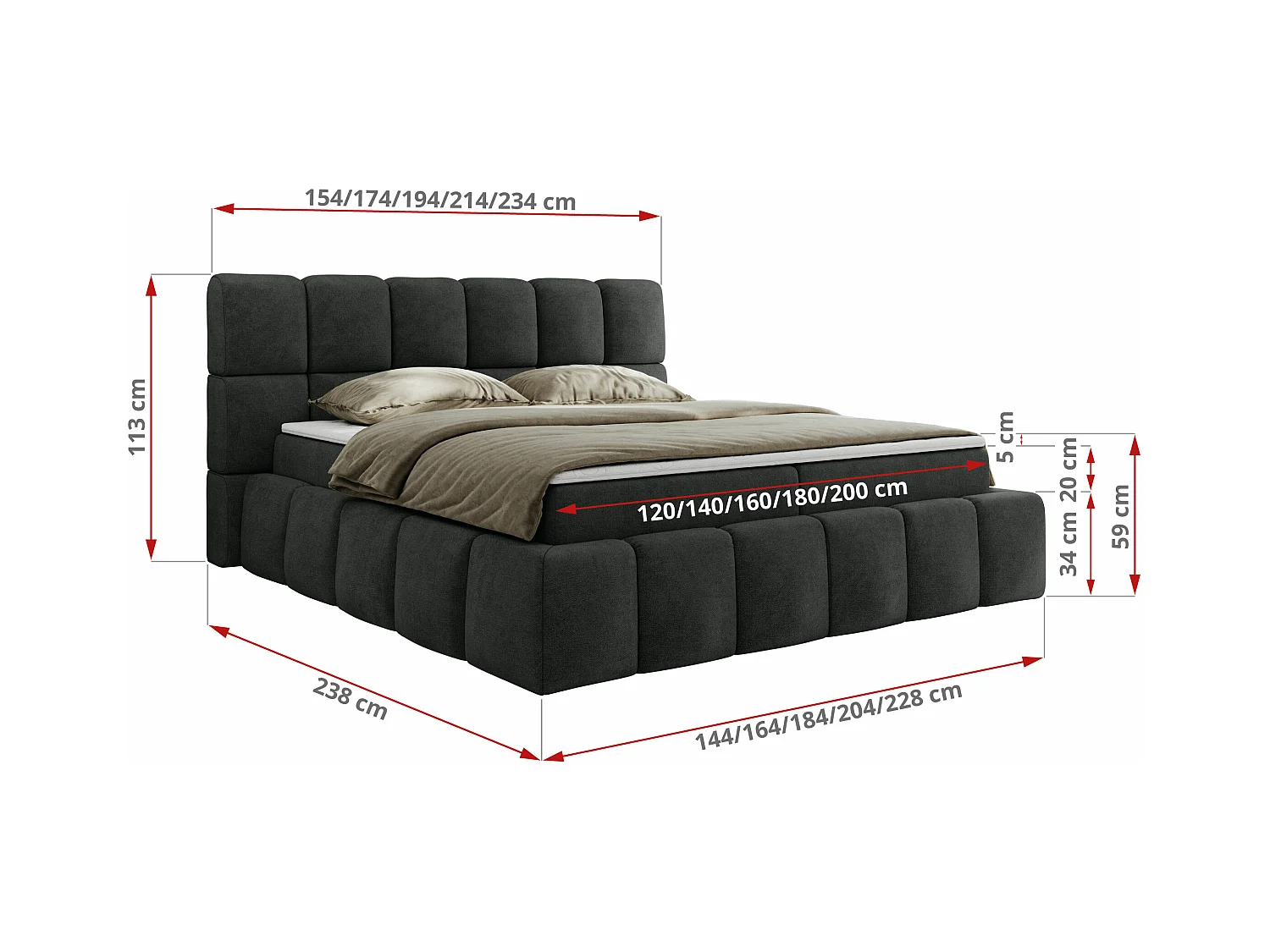 Boxspringbett NIRA - dekorativ kopfteil, Bettkästen und Multipocket-Matratze, Doppelbett für Schlafzimmer - 200x200 cm - H3 - Dunkelgrau Strukture