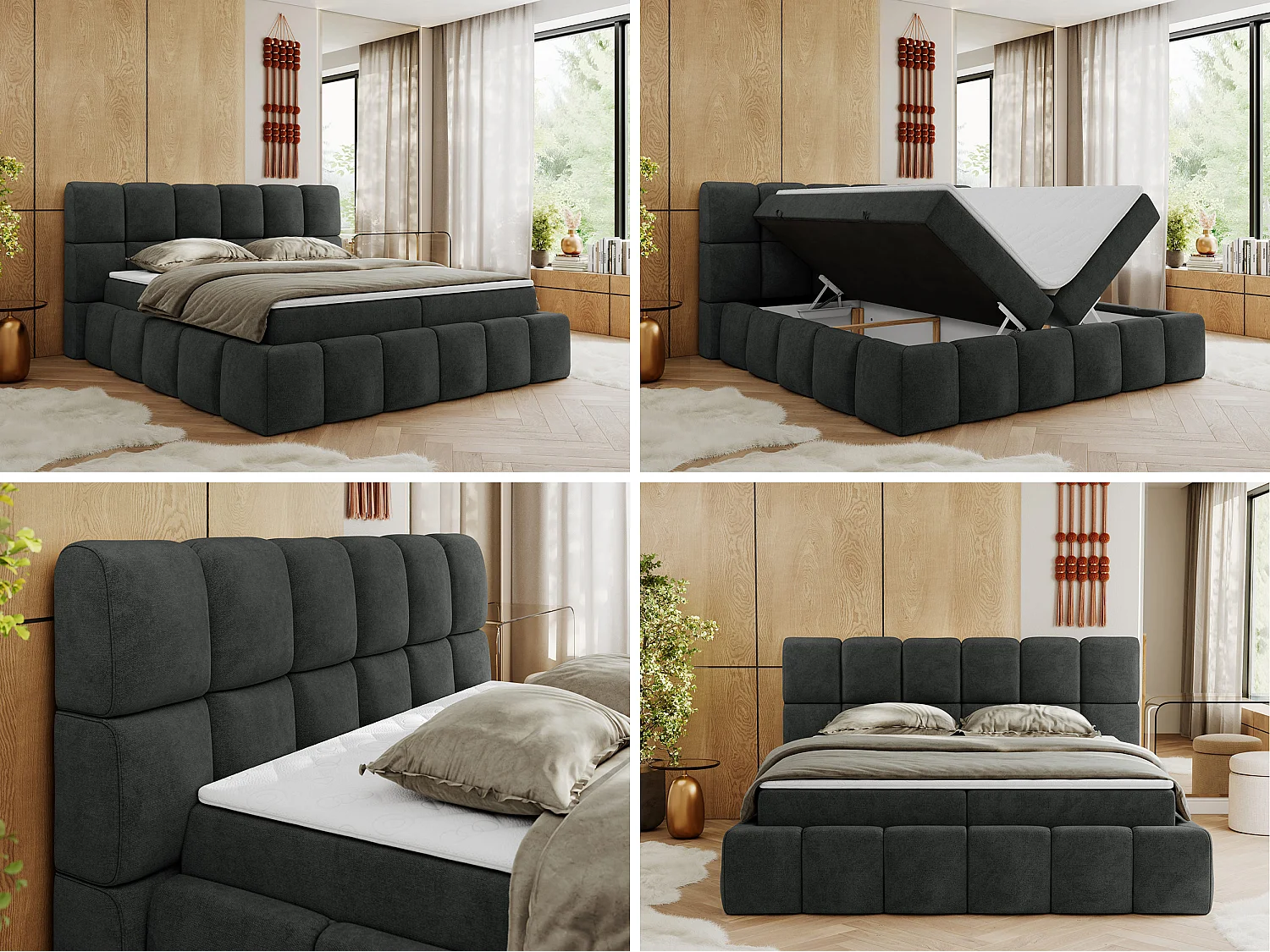 Boxspringbett NIRA - dekorativ kopfteil, Bettkästen und Multipocket-Matratze, Doppelbett für Schlafzimmer - 200x200 cm - H3 - Dunkelgrau Strukture