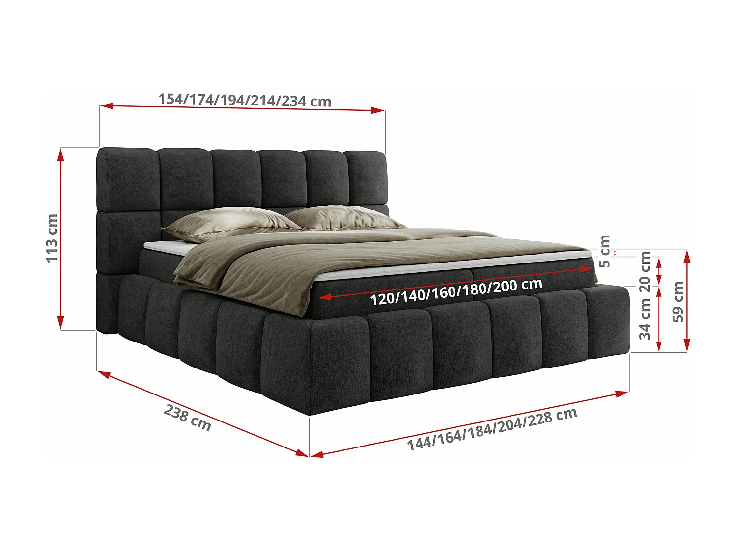 Boxspringbett NIRA - dekorativ kopfteil, Bettkästen und Multipocket-Matratze, Doppelbett für Schlafzimmer - 200x200 cm - H3 - Dunkelgrau Strukture