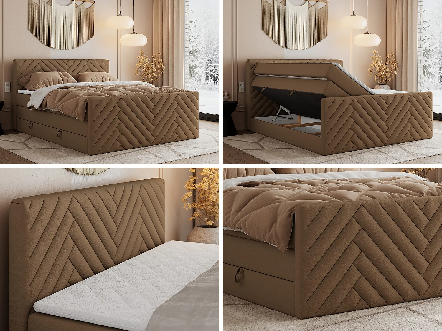 Boxspringbett PARIS KING DUO - dekorative Kopfstütze und Front, zwei Multipocket-Matratze mit Topper - 140x200 cm - H4 - Braun Kunstleder