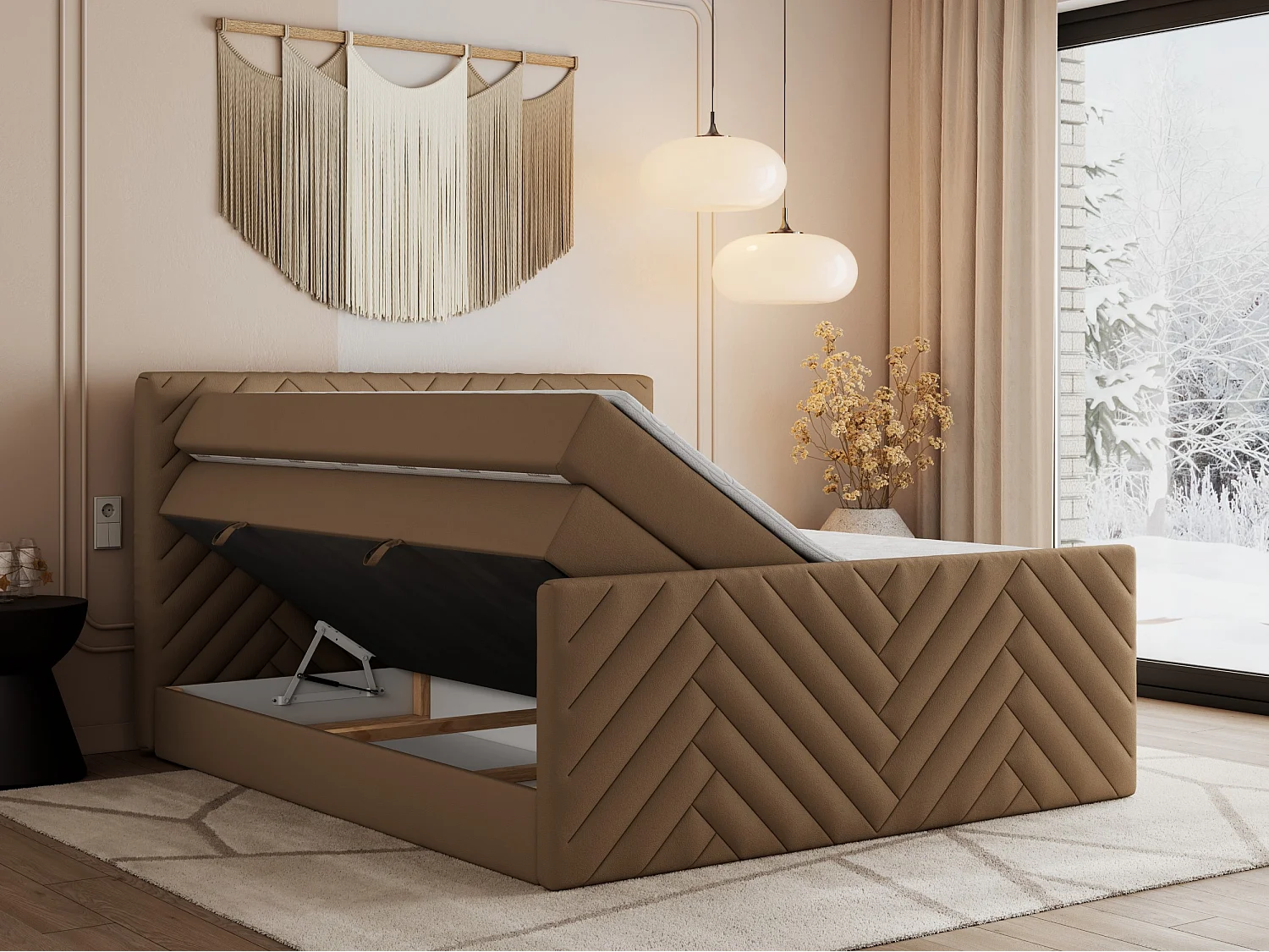 Boxspringbett PARIS KING DUO - dekorative Kopfstütze und Front, zwei Multipocket-Matratze mit Topper - 140x200 cm - H4 - Braun Kunstleder