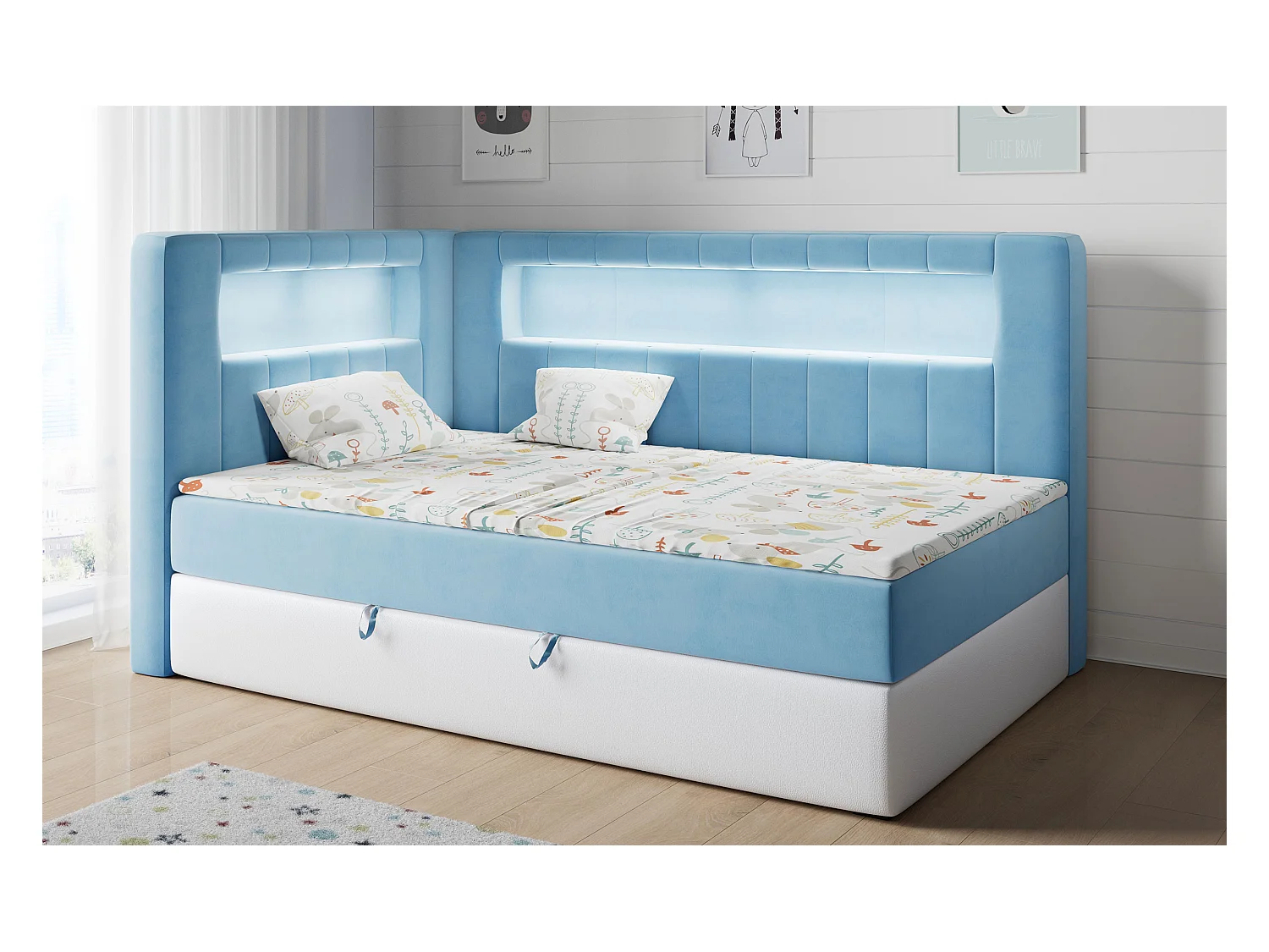 Kinderbett JUNIOR GOLD 3 - Einzelbett mit Matratze, LED-Beleuchtung, Bettkasten - 90x200 cm - Links Seite