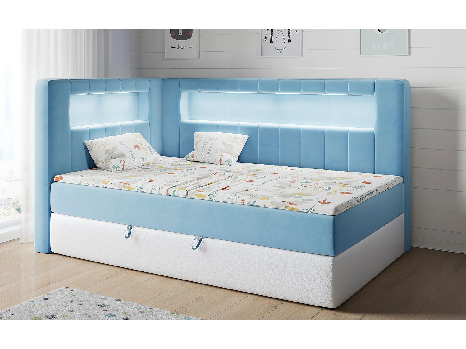 Kinderbett JUNIOR GOLD 3 - Einzelbett mit Matratze, LED-Beleuchtung, Bettkasten - 90x200 cm - Links Seite