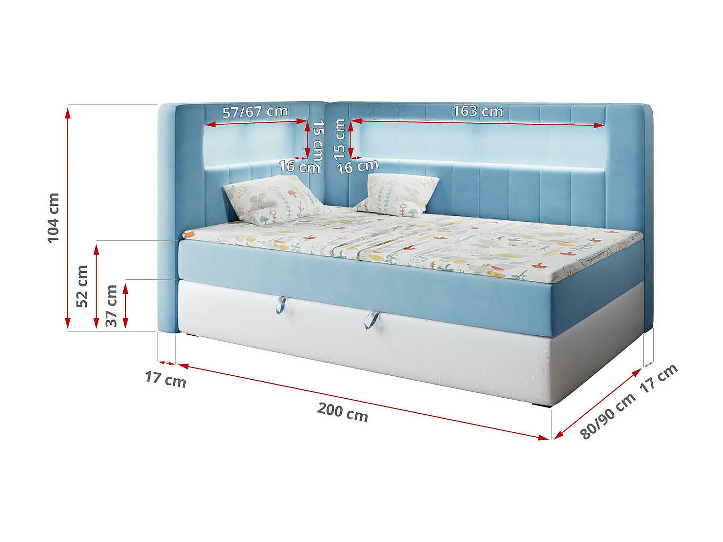 Kinderbett JUNIOR GOLD 3 - Einzelbett mit Matratze, LED-Beleuchtung, Bettkasten - 90x200 cm - Links Seite