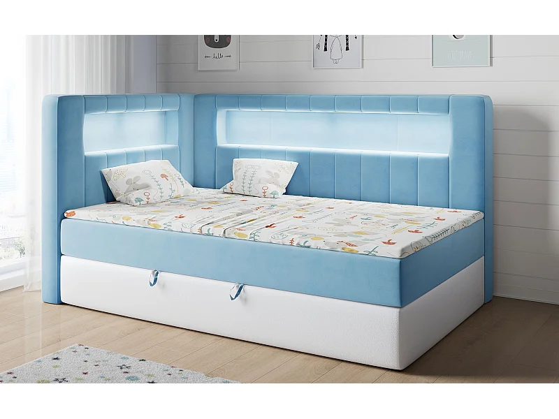 Kinderbett JUNIOR GOLD 3 - Einzelbett mit Matratze, LED-Beleuchtung, Bettkasten - 90x200 cm - Links Seite