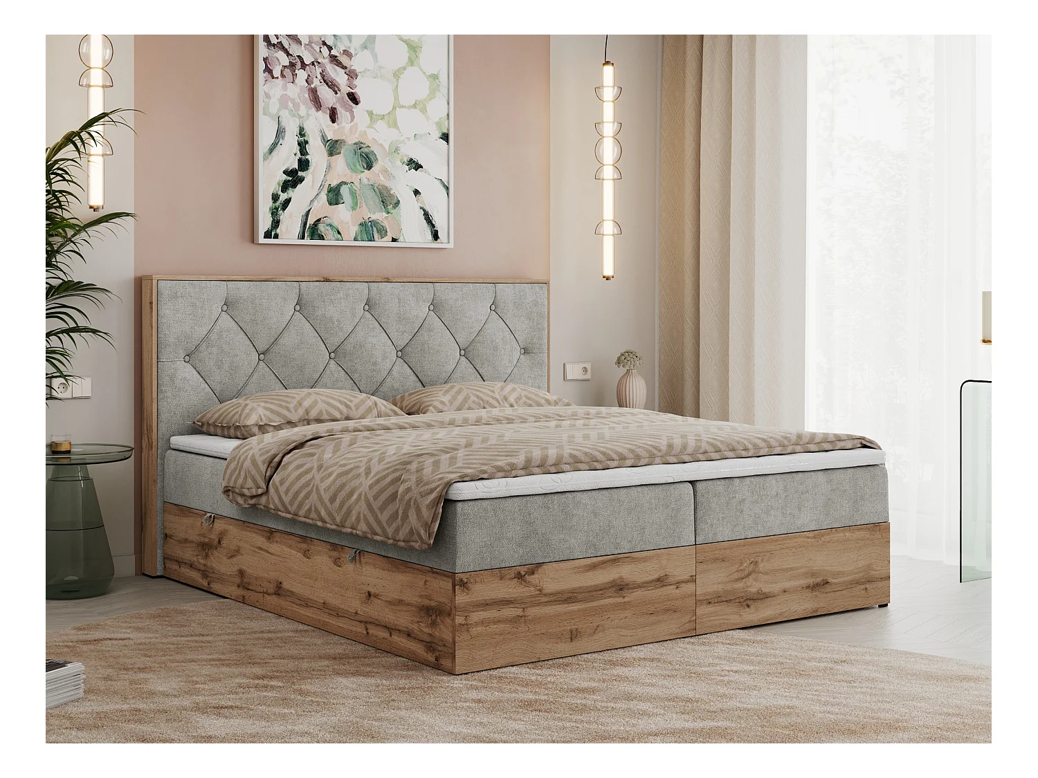 Boxspringbett VENETO - gestepptem Kopfteil, Set mit Multipocket-Matratze und Topper, Holzrahmen, zwei Bettkästen - 160x200 cm - H4 - Hellgrau Strukture