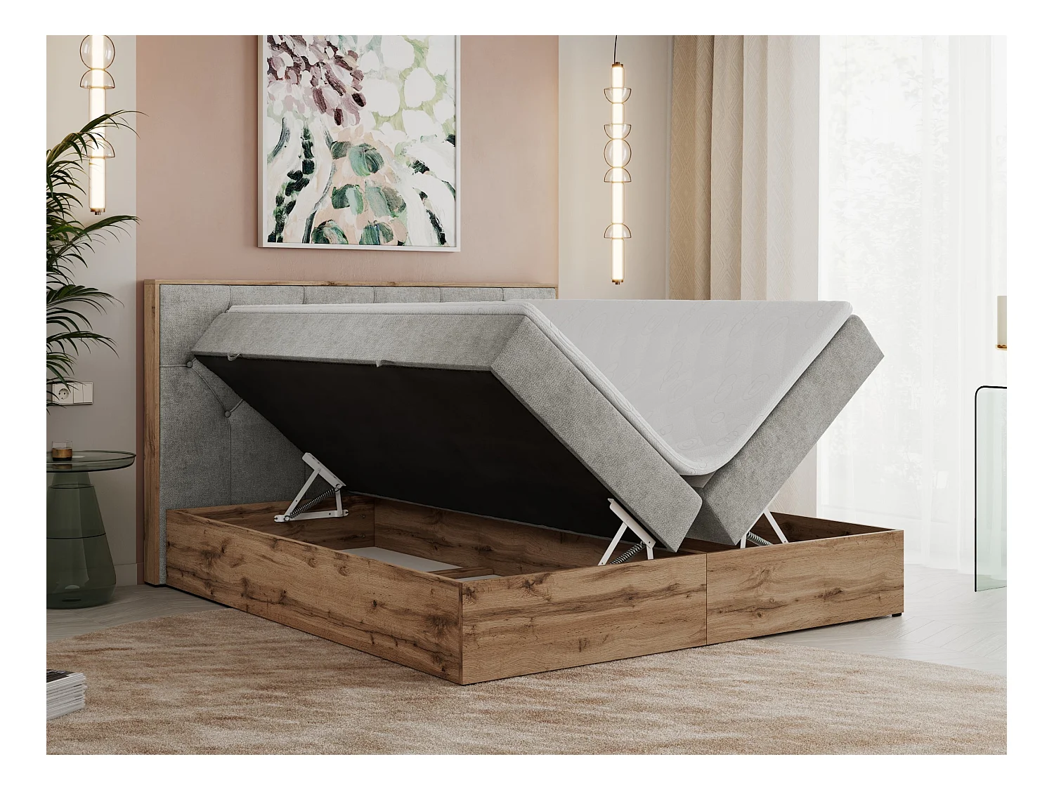 Boxspringbett VENETO - gestepptem Kopfteil, Set mit Multipocket-Matratze und Topper, Holzrahmen, zwei Bettkästen - 160x200 cm - H4 - Hellgrau Strukture