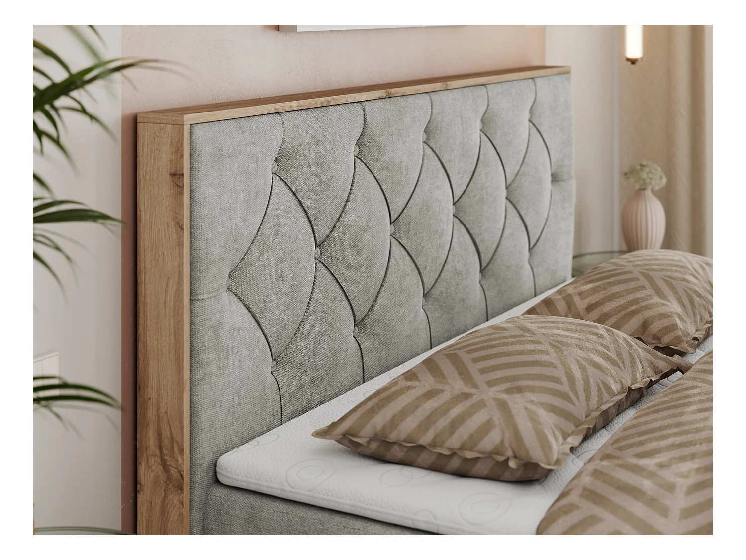 Boxspringbett VENETO - gestepptem Kopfteil, Set mit Multipocket-Matratze und Topper, Holzrahmen, zwei Bettkästen - 160x200 cm - H4 - Hellgrau Strukture
