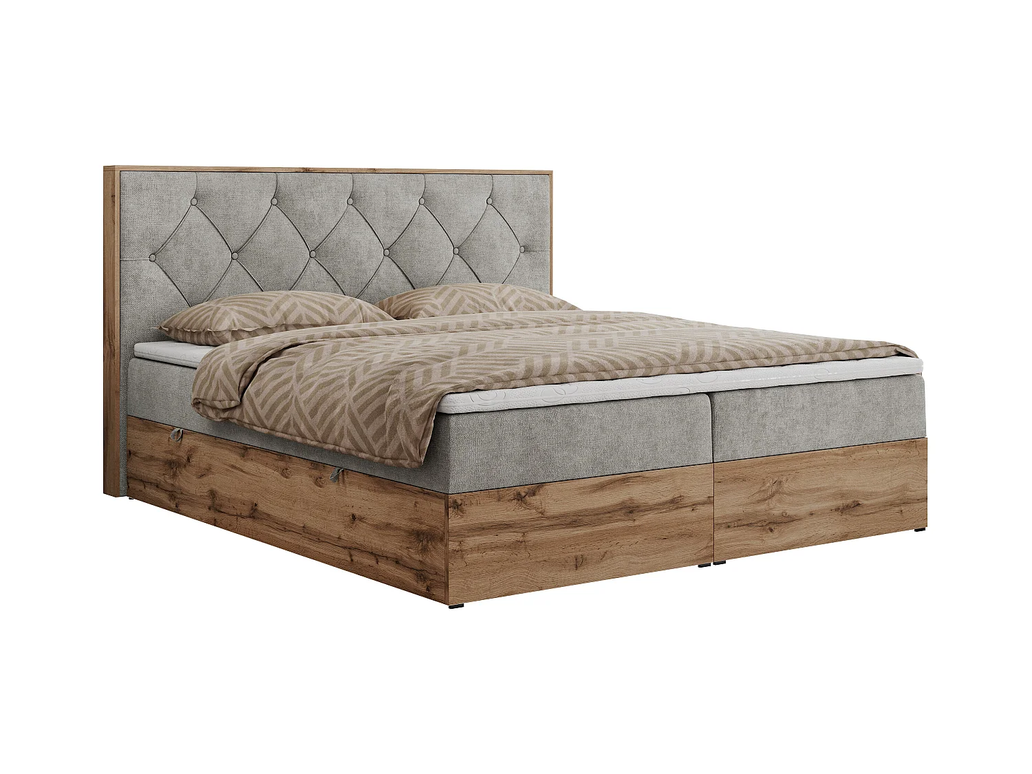 Boxspringbett VENETO - gestepptem Kopfteil, Set mit Multipocket-Matratze und Topper, Holzrahmen, zwei Bettkästen - 160x200 cm - H4 - Hellgrau Strukture