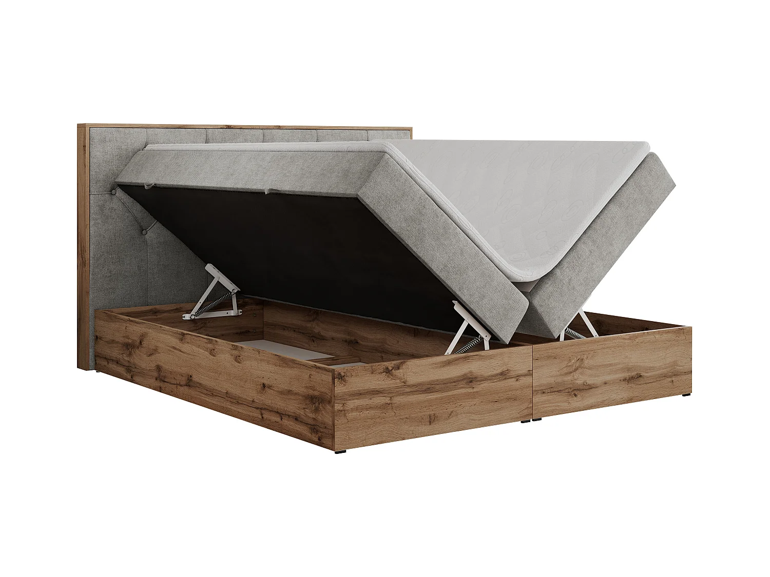 Boxspringbett VENETO - gestepptem Kopfteil, Set mit Multipocket-Matratze und Topper, Holzrahmen, zwei Bettkästen - 160x200 cm - H4 - Hellgrau Strukture