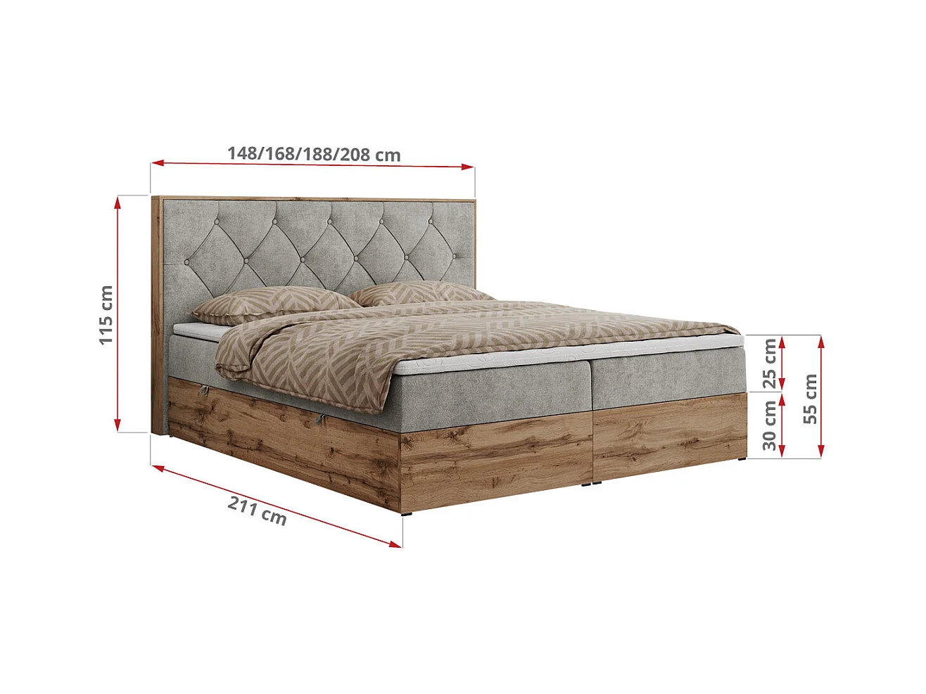 Boxspringbett VENETO - gestepptem Kopfteil, Set mit Multipocket-Matratze und Topper, Holzrahmen, zwei Bettkästen - 160x200 cm - H4 - Hellgrau Strukture