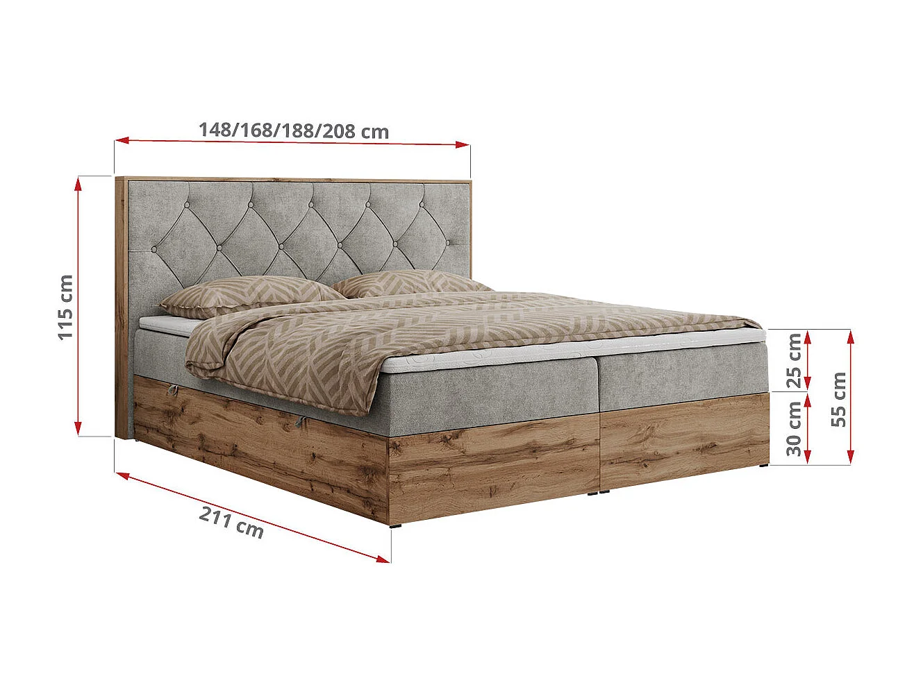 Boxspringbett VENETO - gestepptem Kopfteil, Set mit Multipocket-Matratze und Topper, Holzrahmen, zwei Bettkästen - 160x200 cm - H4 - Hellgrau Strukture