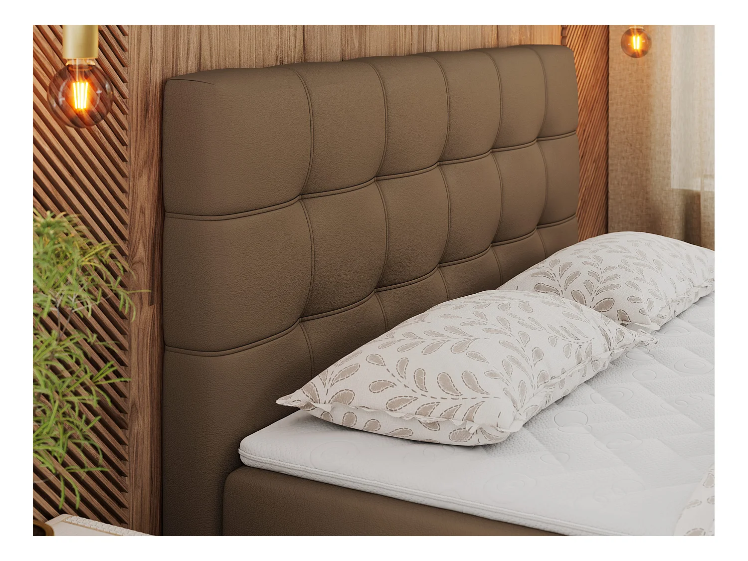 Boxspringbett ERNI - mit gestepptem Kopfteil, Polsterbett, Multipocket-Matratze und Topper, Bettkästen - 200x200 cm - H3 - Braun Kunstleder