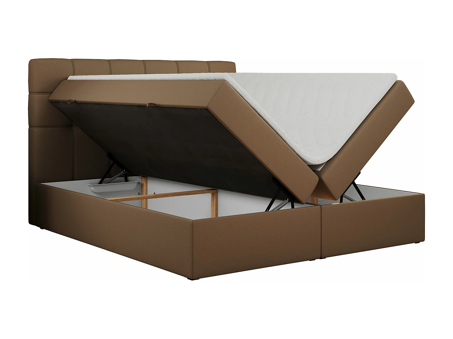Boxspringbett ERNI - mit gestepptem Kopfteil, Polsterbett, Multipocket-Matratze und Topper, Bettkästen - 200x200 cm - H3 - Braun Kunstleder