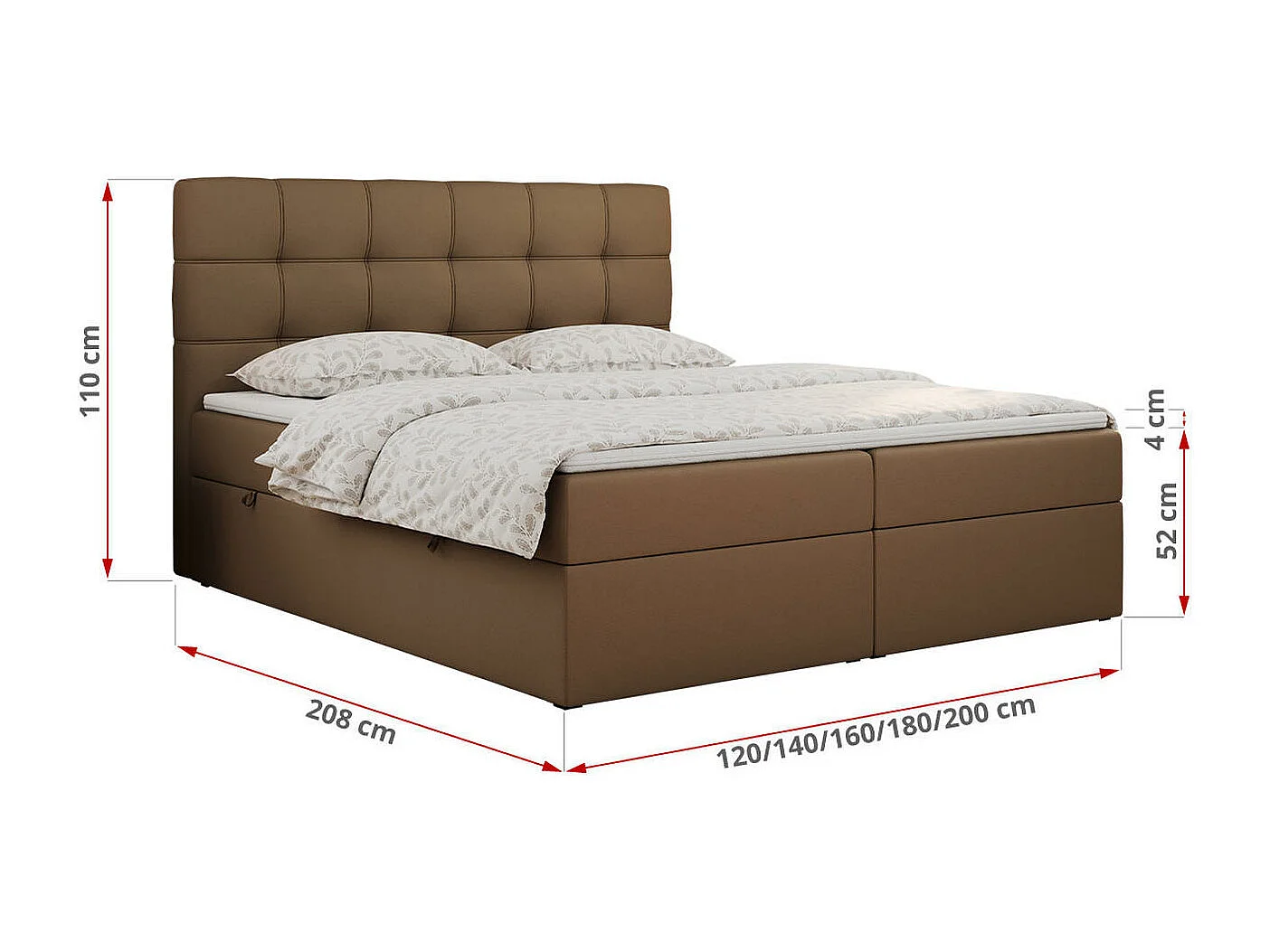 Boxspringbett ERNI - mit gestepptem Kopfteil, Polsterbett, Multipocket-Matratze und Topper, Bettkästen - 200x200 cm - H3 - Braun Kunstleder