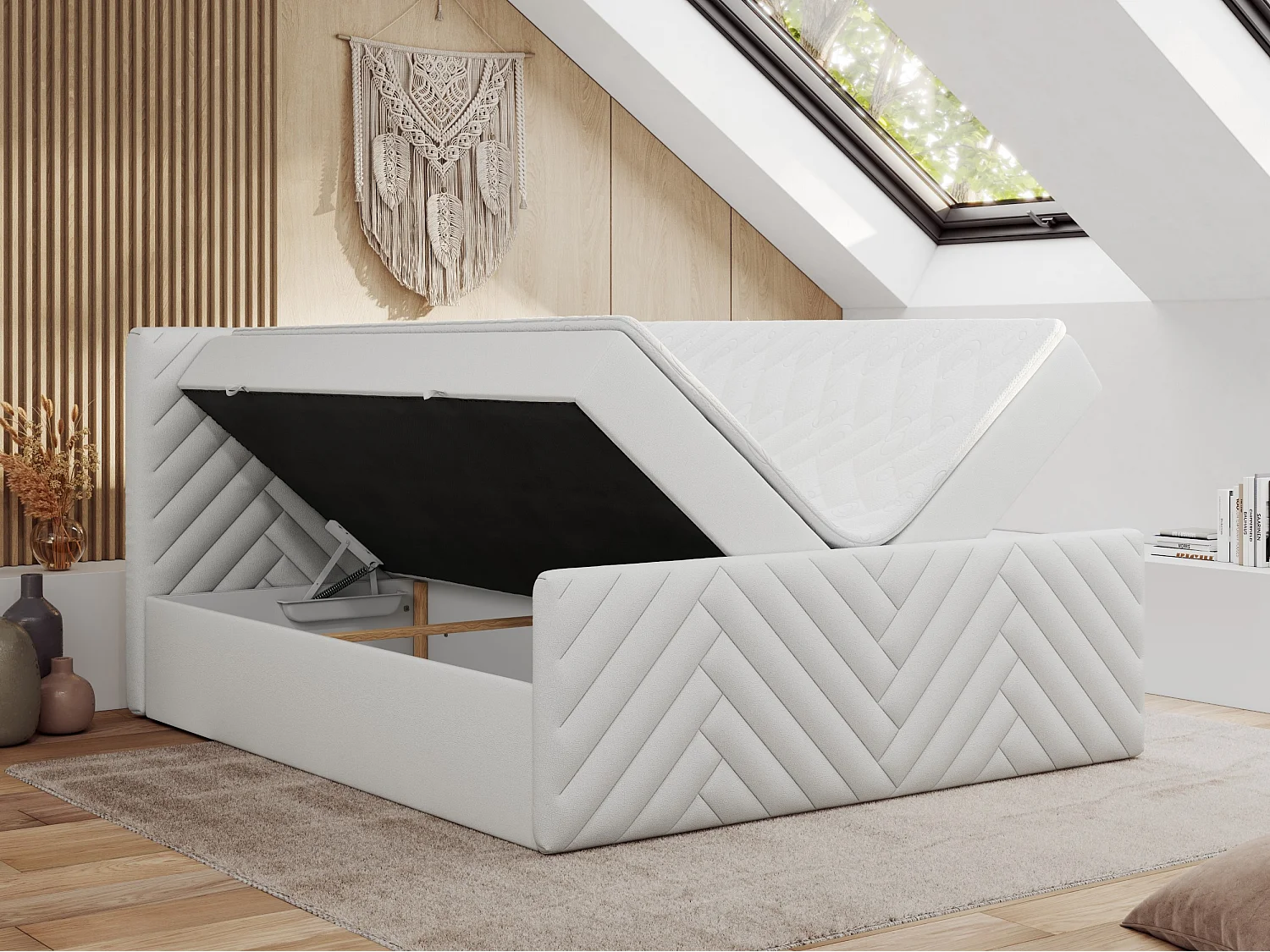 Boxspringbett PARIS DUO - Polsterbett mit genähtem Kopfteil und Frontplatte, Doppelbett, zwei Bettkästen - 200x200 cm - H4 - Weiß Kunstleder