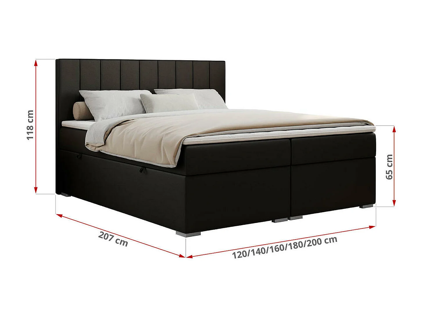 Boxspringbett ALLY - gestreiftes, genähtes Kopfteil, zwei Bettkästen, Multipocket-Matratzen, Praktisch Polsterbett - 160x200 cm - H3 - Schwarz Kunstleder