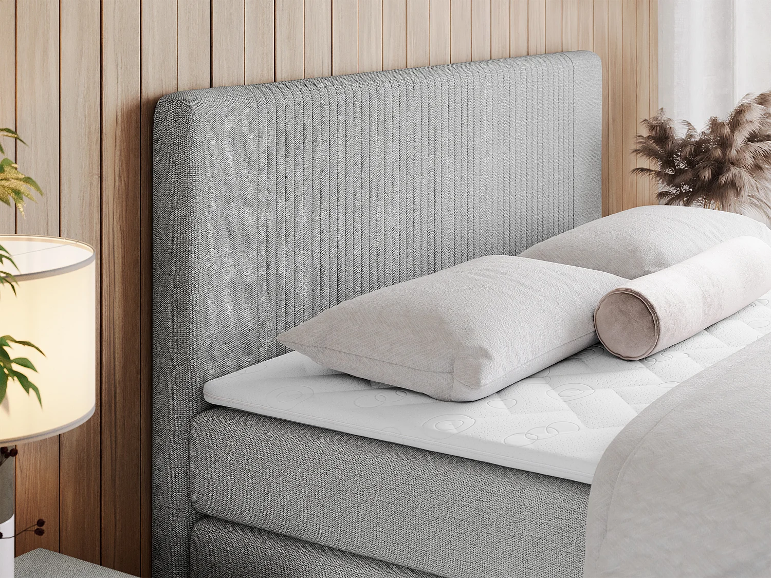 Boxspringbett DOREN KING - mit gesteppter Front und Kopfteil, zwei Multipocket-Matratzen und Topper, Doppelbett - 200x200 cm - H4 - Hellgrau Strukture