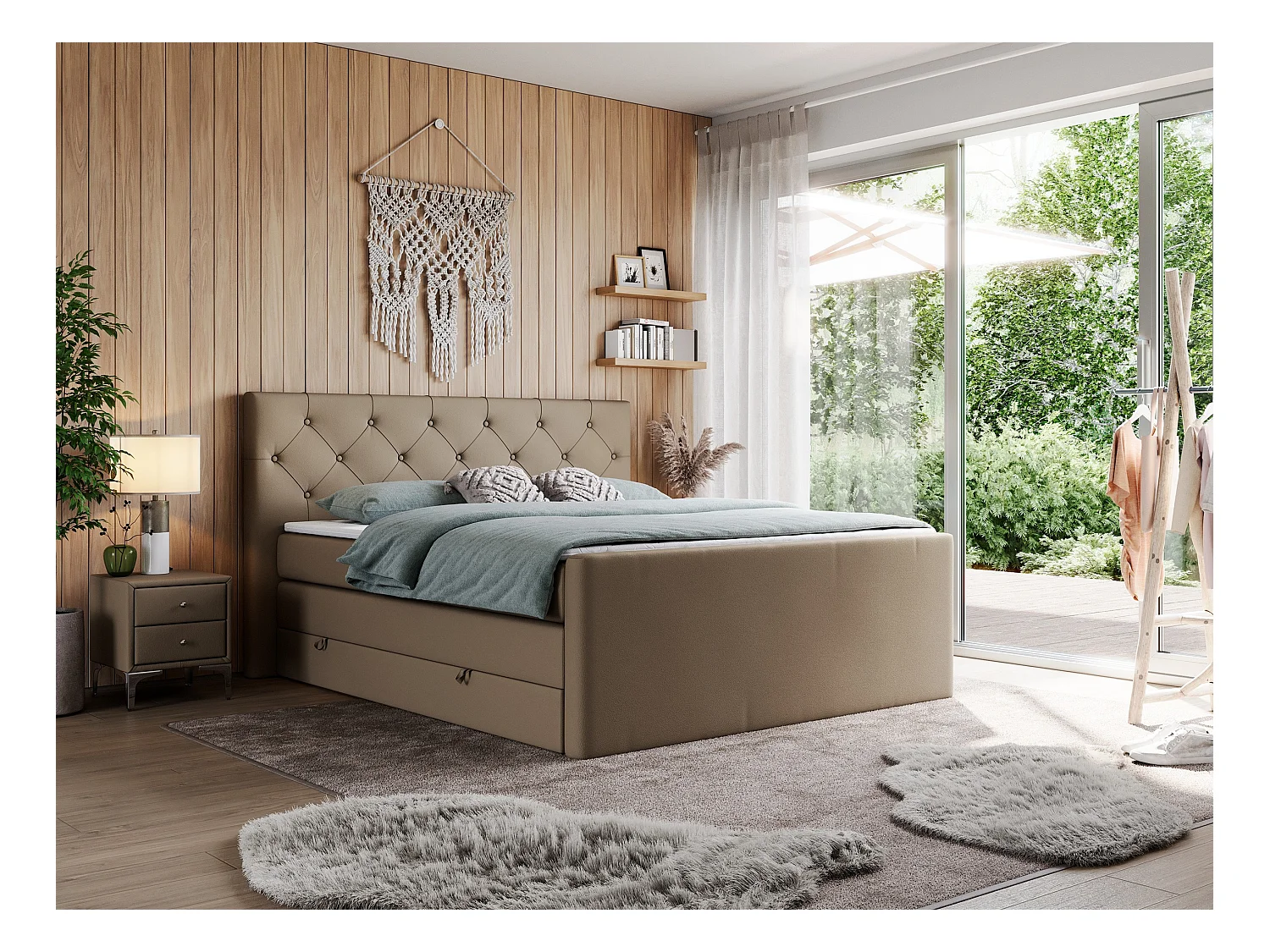 Boxspringbett VELEN KING - Doppelbett mit gestepptem Kopfteil, zwei Multipocket-Matratzen, Polsterbett mit Kopfstütze - 160x200 cm - H3 - Braun Kunstleder