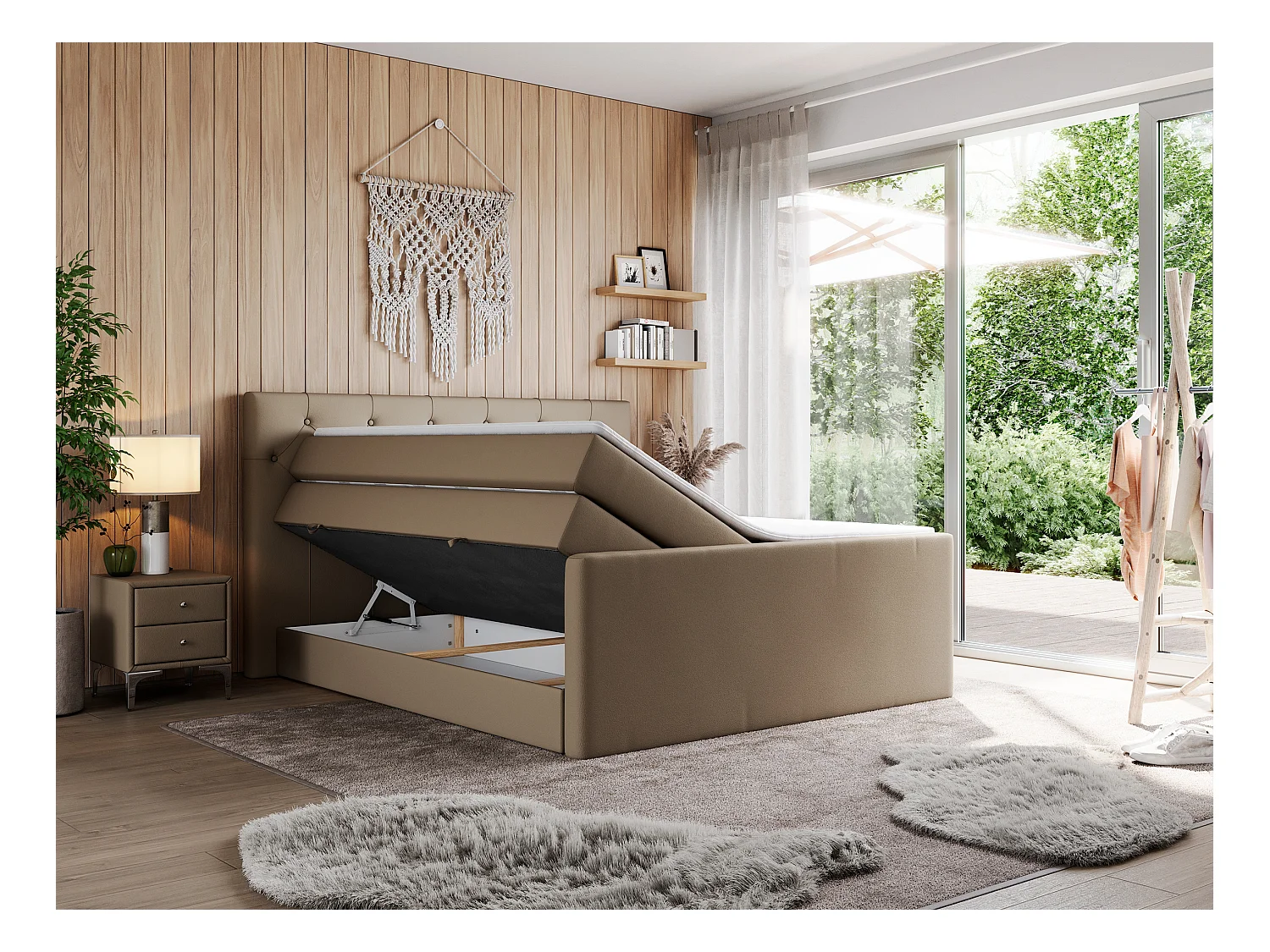 Boxspringbett VELEN KING - Doppelbett mit gestepptem Kopfteil, zwei Multipocket-Matratzen, Polsterbett mit Kopfstütze - 160x200 cm - H3 - Braun Kunstleder