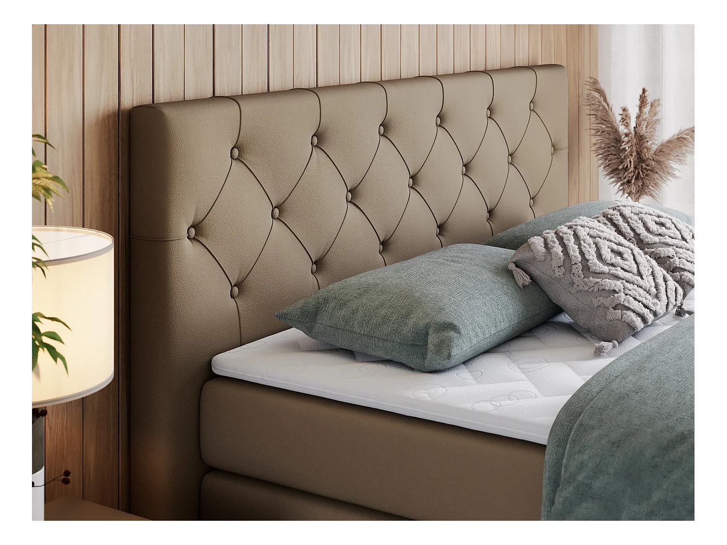 Boxspringbett VELEN KING - Doppelbett mit gestepptem Kopfteil, zwei Multipocket-Matratzen, Polsterbett mit Kopfstütze - 160x200 cm - H3 - Braun Kunstleder