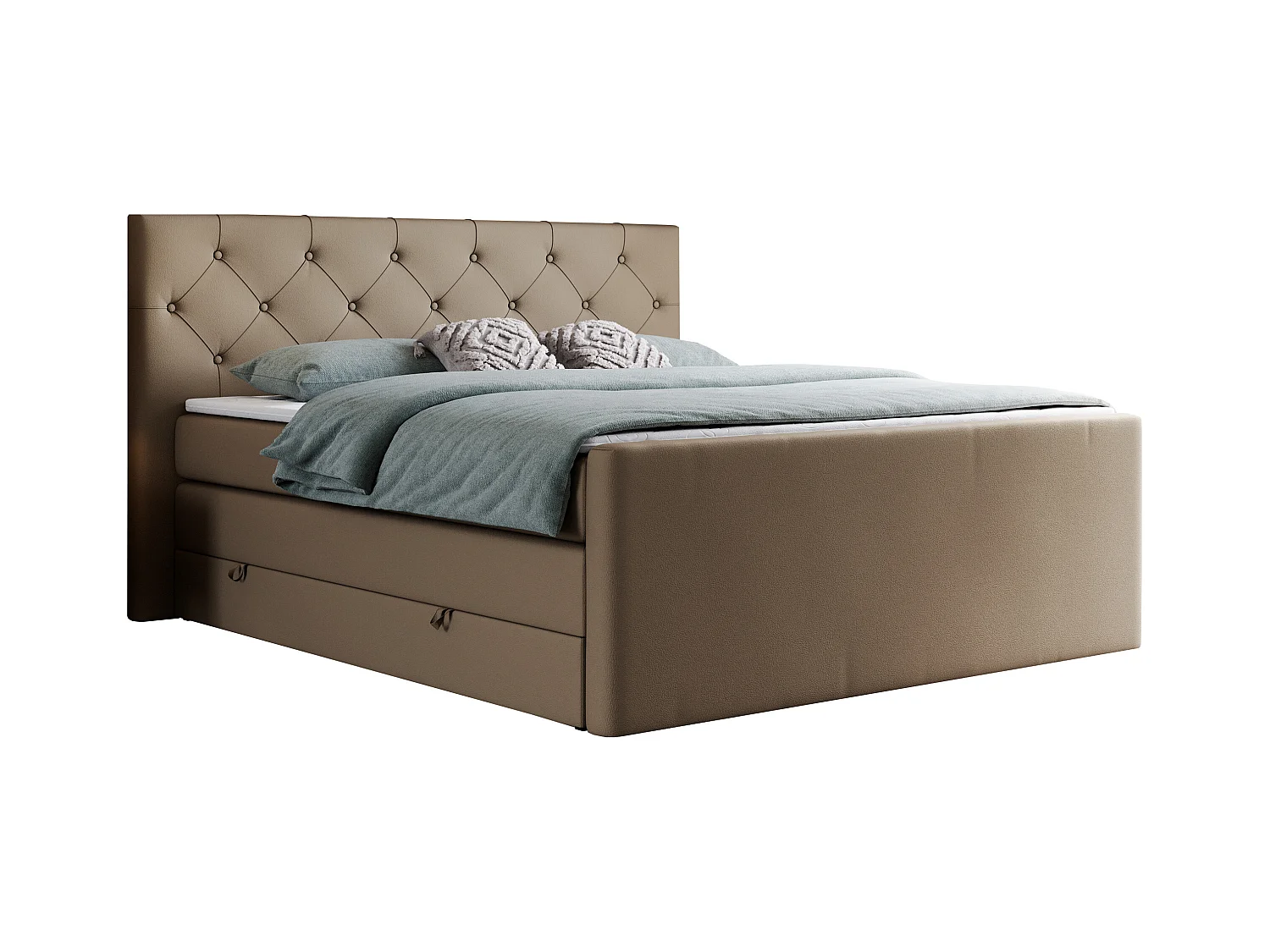 Boxspringbett VELEN KING - Doppelbett mit gestepptem Kopfteil, zwei Multipocket-Matratzen, Polsterbett mit Kopfstütze - 160x200 cm - H3 - Braun Kunstleder