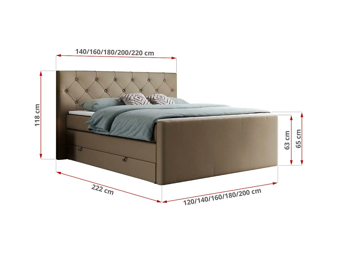 Boxspringbett VELEN KING - Doppelbett mit gestepptem Kopfteil, zwei Multipocket-Matratzen, Polsterbett mit Kopfstütze - 160x200 cm - H3 - Braun Kunstleder